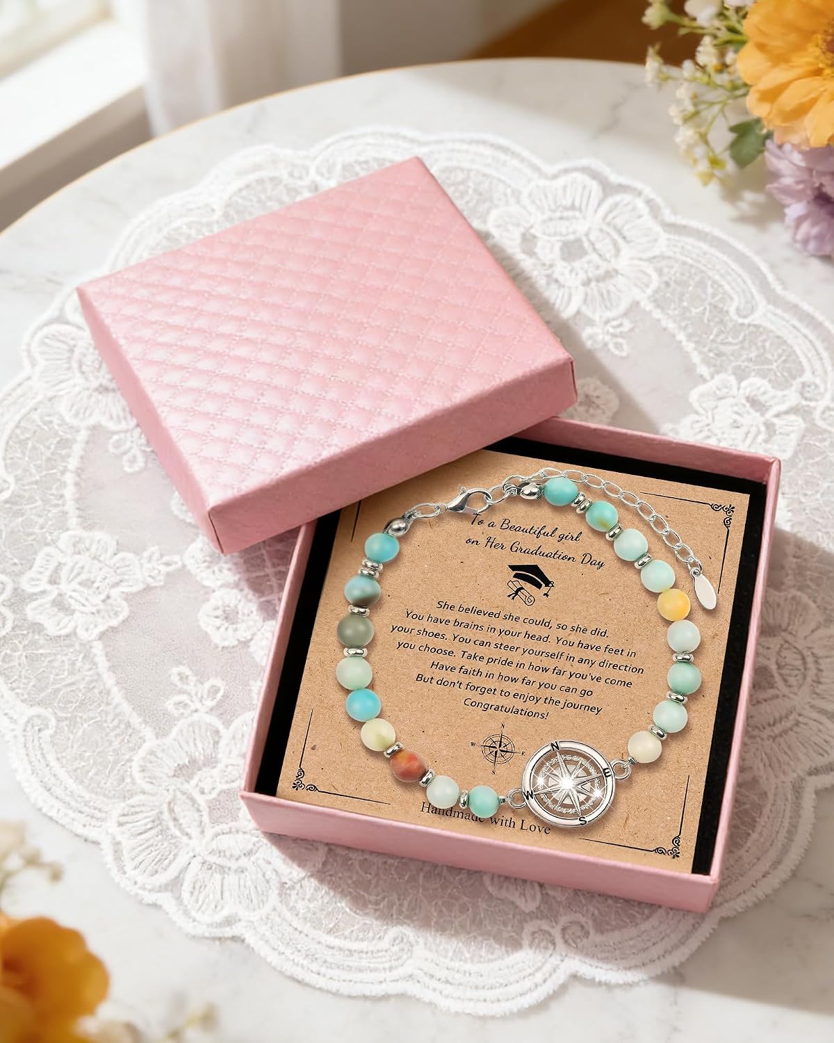Graduation Bracelet for Her, Natural Amazonite Beads & Compass Bracelets, Class of 2026 Graduation Bracelet Gifts for Senior High School College Graduates