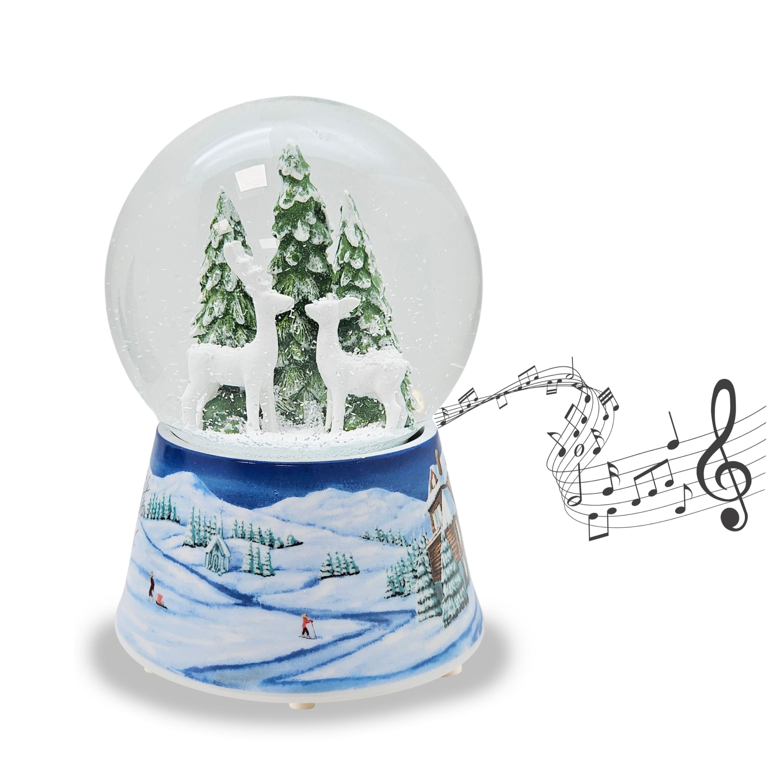 Schneekugel Weihnachten Mit 2 Rehen & Tannenbaum - Grüner Sockel 12cm