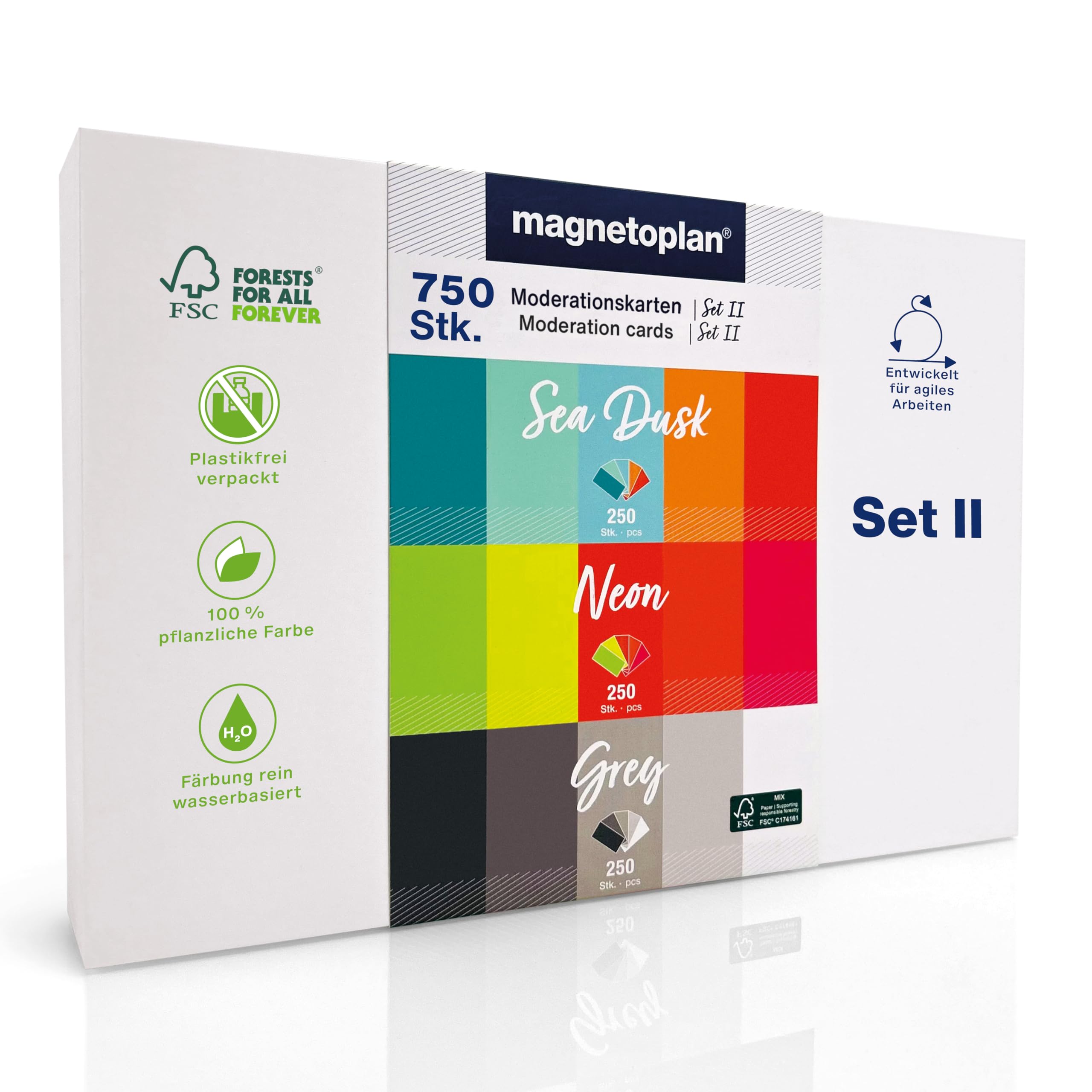 magnetoplan Moderationskarten, Set 2 (Sea Dusk, Neon, Grey) | 750 Stück | FSC zertifiziert, 120 g/m² | Blanko Karten in 15 starken Farben für Schule + Büro | BxH 200x100 mm, rechteckig