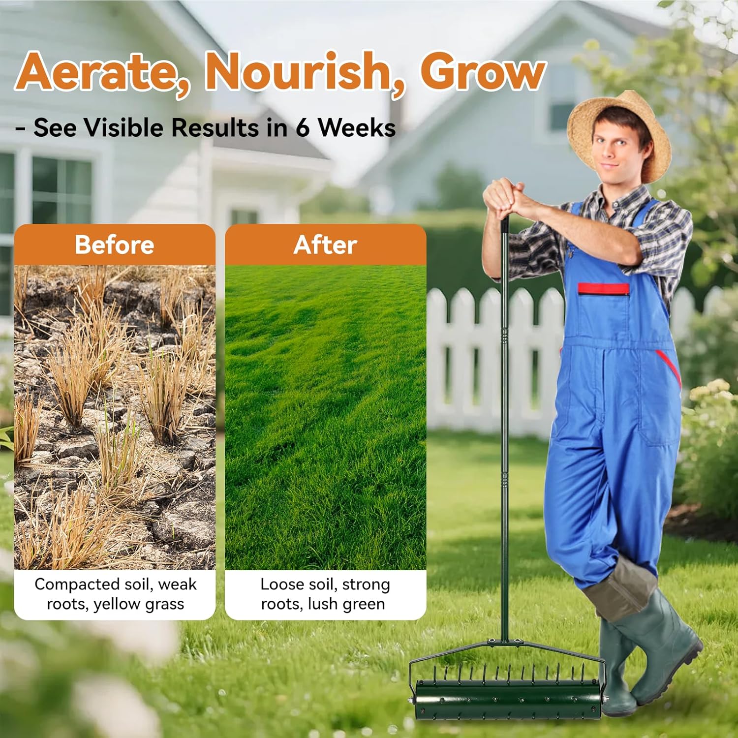21" Rolling Lawn Aerator, Heavy-Duty Manual Aerator Tool with 2.2" Pre-Welded Penetrator Spikes and 50" Handle for Lawn Care, Grass Aeration for Patio, Garden, Yard, Cropland to Loose Soil