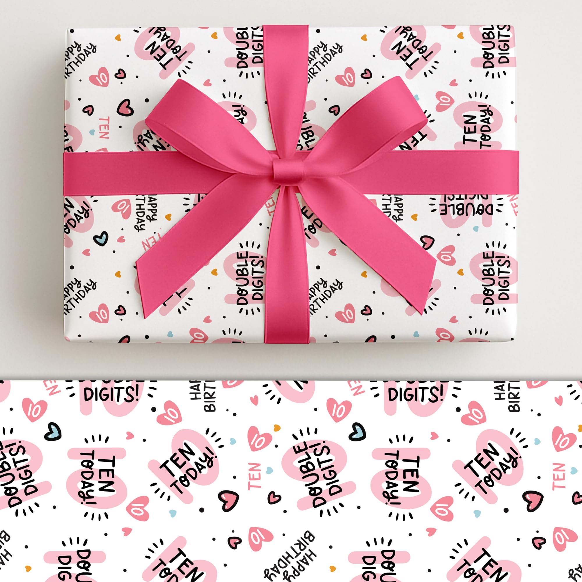 10th Birthday Wrapping Paper - Gift Wrap for Girls - 3 Large Sheets - 50x70cm (Age 10)