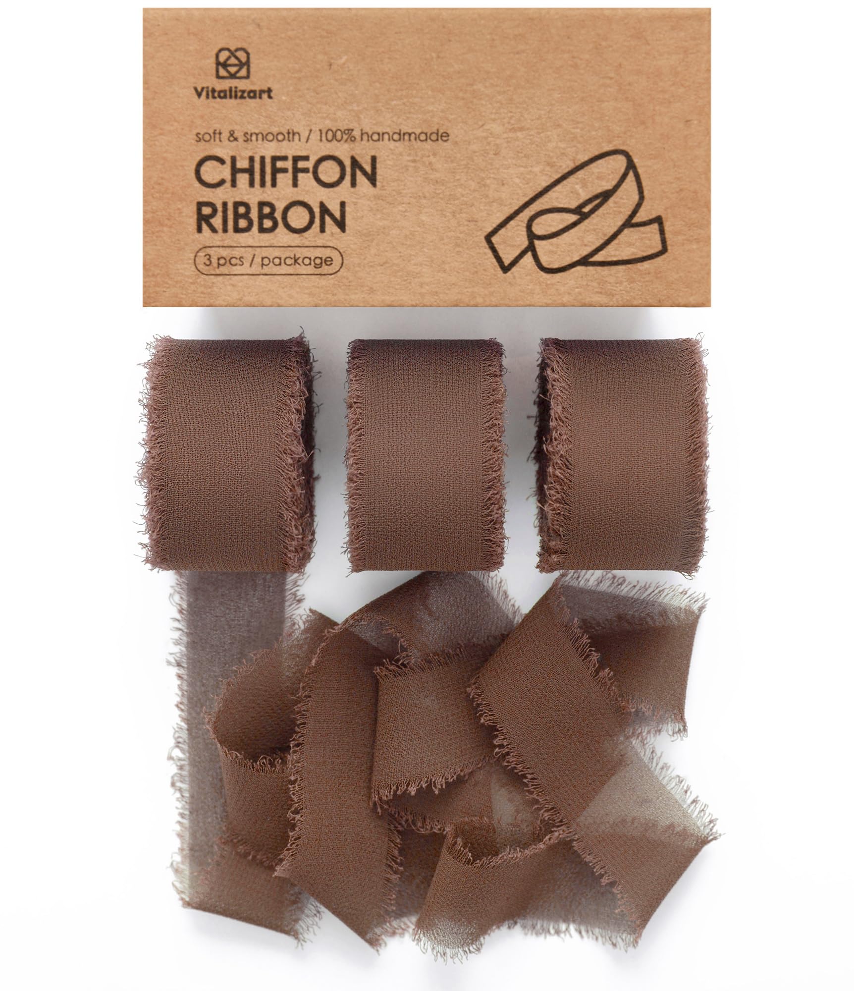 Vitalizart Brown Chiffon Silk Ribbon 1" x 21 Yd Fringe Fabric Package (3 Rolls * 7 Yd) for Wedding Invitations Bridal Bouquets Decorations Gifts Wrapping & Bow Making