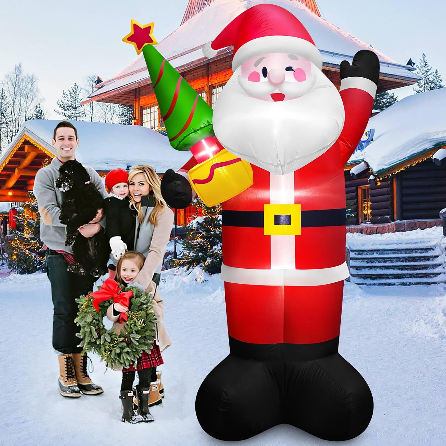 8 FT Tall Giant Santa Inflatable Christmas Decorations Outdoor Tree Blowups, Funny Cute Xmas Blow Up Yard Decoration Build-in LED Lights & Tethers Stakes Winter Holiday Indoor Party Garden Lawn Decor