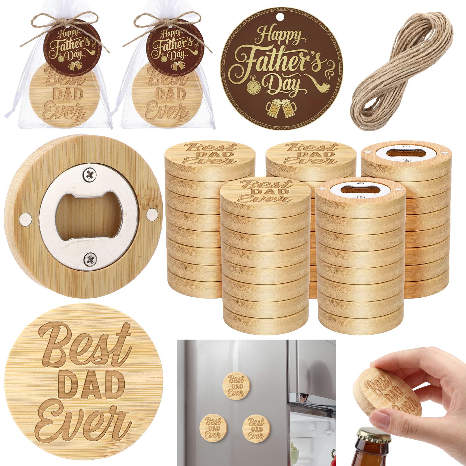 Mifoci 30 Pcs Father's Day Magnetic Bottle Opener Bulk Engraved Bamboo Round Shape Beer Openers with Round Perforated Sheet Drawstring Bag Hemp Rope for Father's Day Gifts Beer Lover