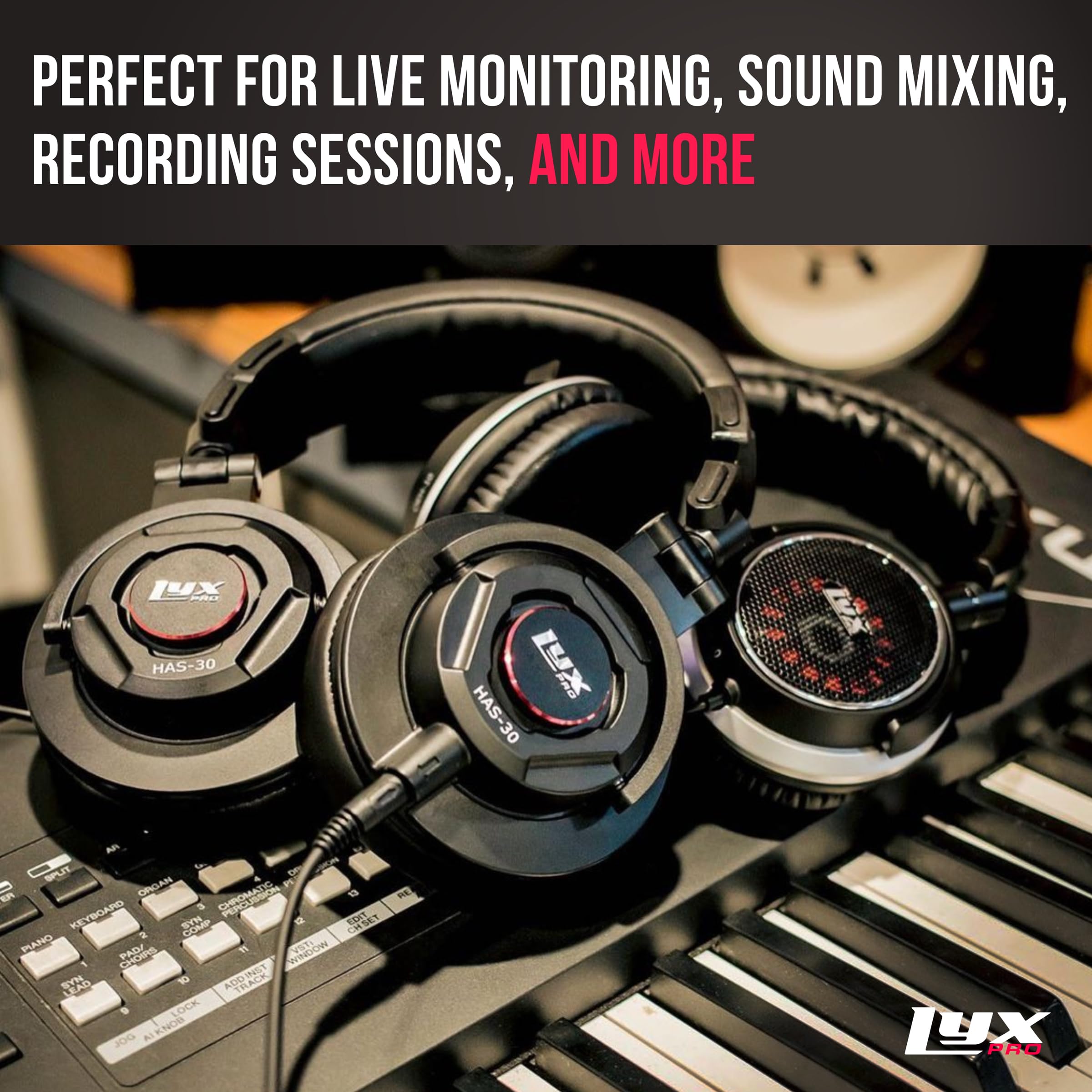 LyxPro HAS-30 - Auriculares Profesionales de Estudio con Cable Desmontable, para Grabar, Mezclar, DJ y Escuchar música