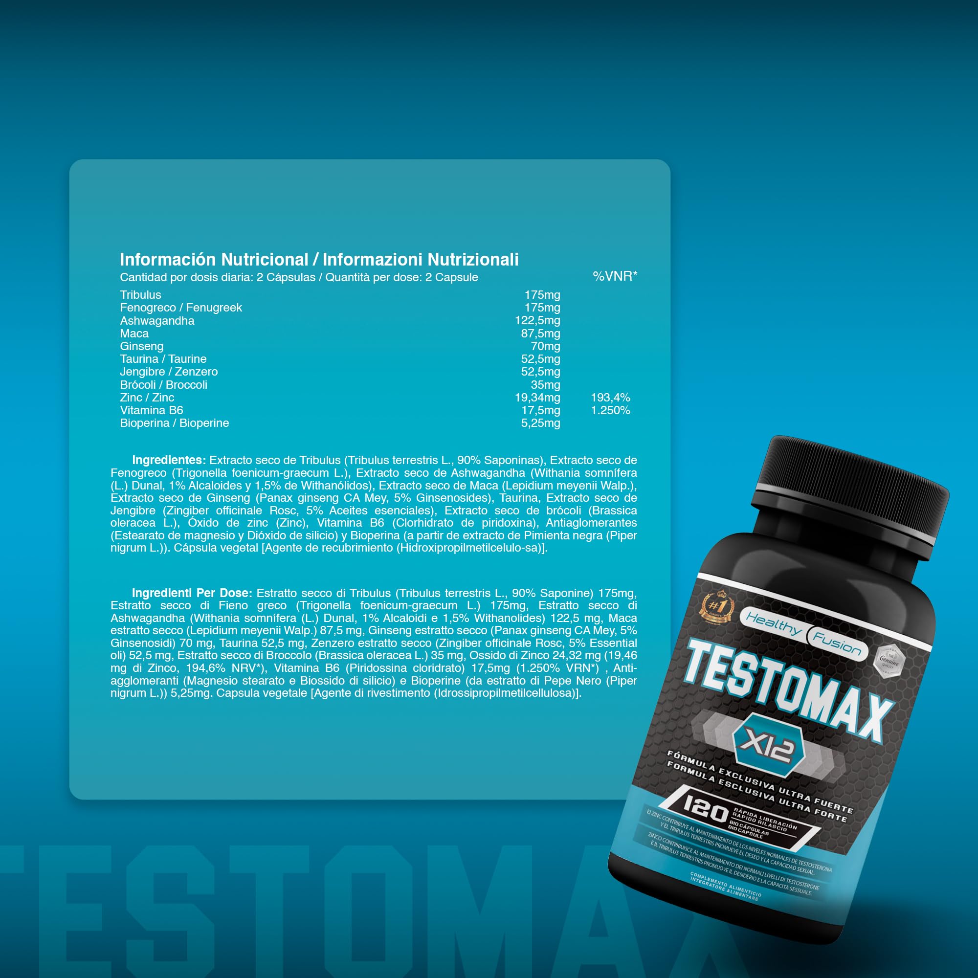Healthy Fusion TestoMax | Booster de Testosterona Energizante | Maca, Ginseng, Tribulus, Taurina y Vitaminas | Aumenta la masa muscular | Acción quemagrasas y vigorizante | 120u