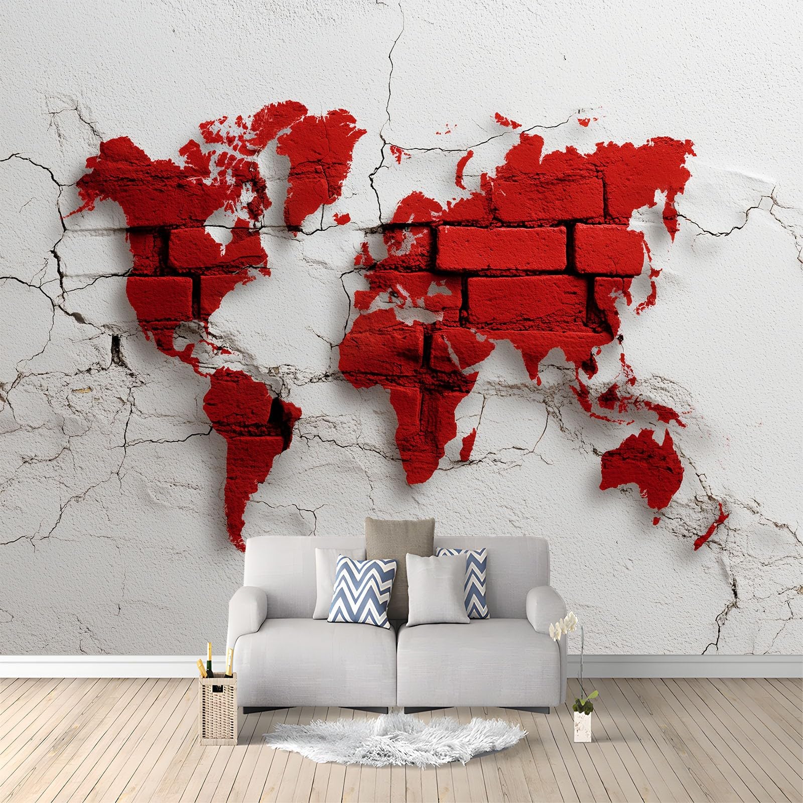 250 x 175 cm, fototapeta z flizeliny, efekt 3D, mur z cegły, mapa świata, fototapety do salonu, sypialni, tapeta ścienna, jasny kolor