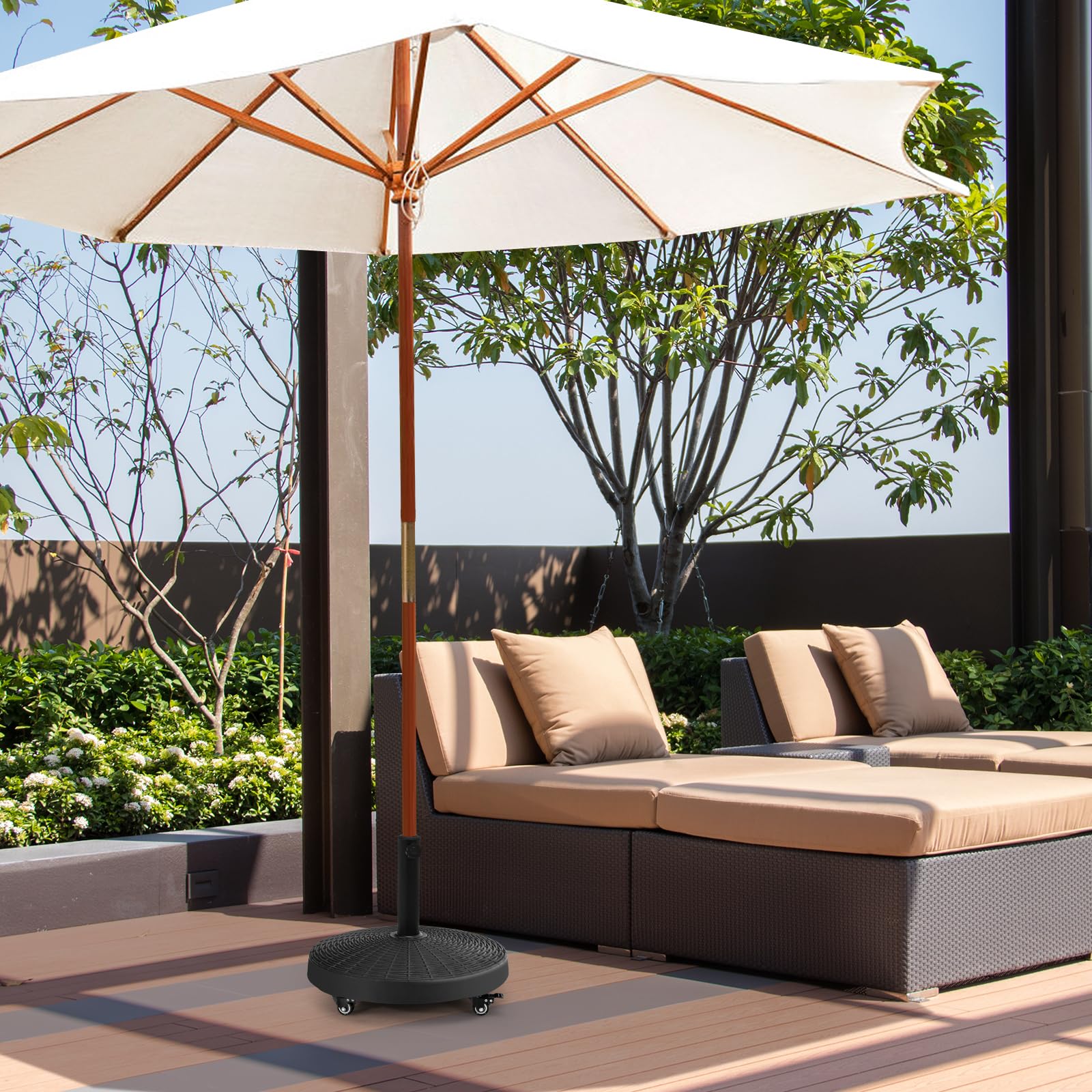 KOMFOTTEU Pied de parasol avec roulettes - Diamètre : 52 cm - Pour tige de parasol de 38 mm / 48 mm - Roulable - 23 kg - Noir