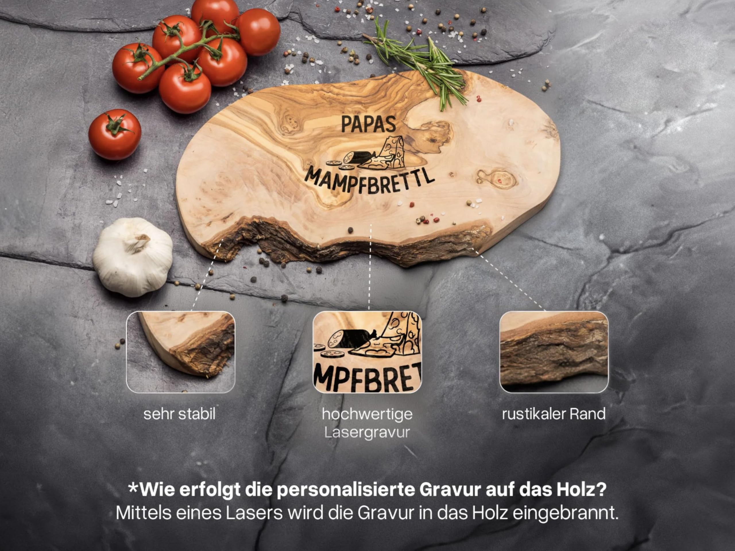 Schneidebrett Olivenholz [+ PERSONALISIERT] |Frühstücksbrettchen | Brotzeitbrett für Männer | Olivenholzschneidebrett | Vatertag Geschenk | Personalisierte Geschenke Männer | Holzbrett Gravur