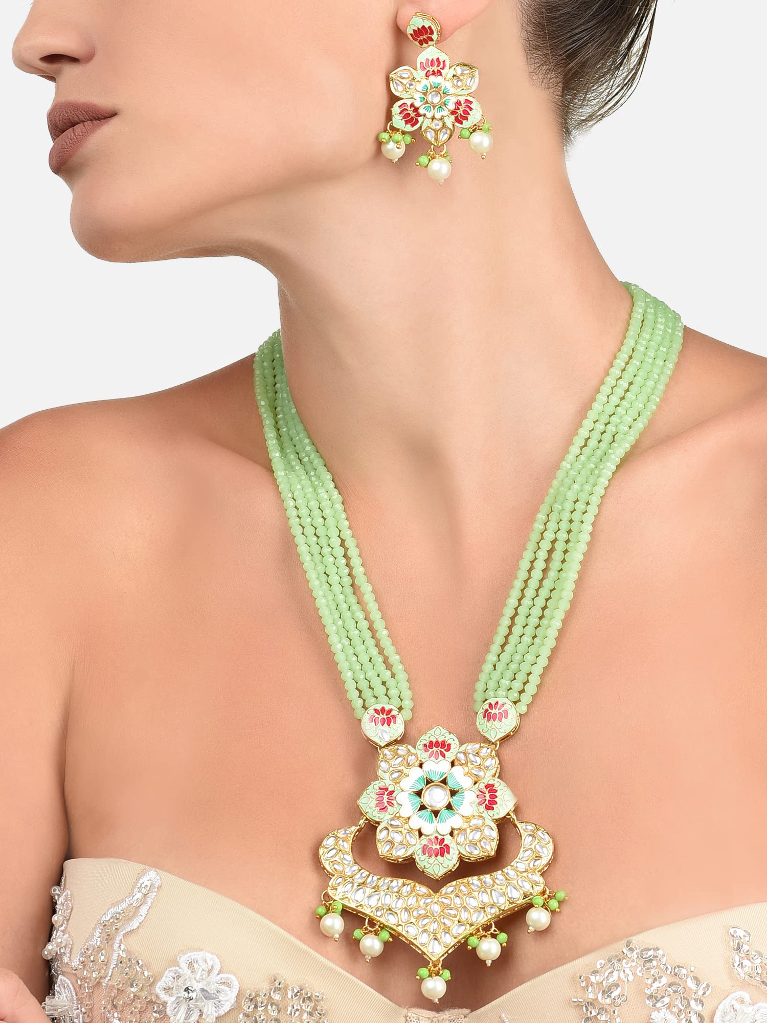 Multicolor Meenakari Multistrand Crystal Necklace & Earring Set