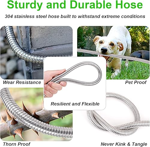 Miniatura 3 de AMLEGEN Manguera de jardín de agua de metal de 25 pies, acero inoxidable resistente, pulverizador de 8 funciones y boquilla ajustable, ligera y