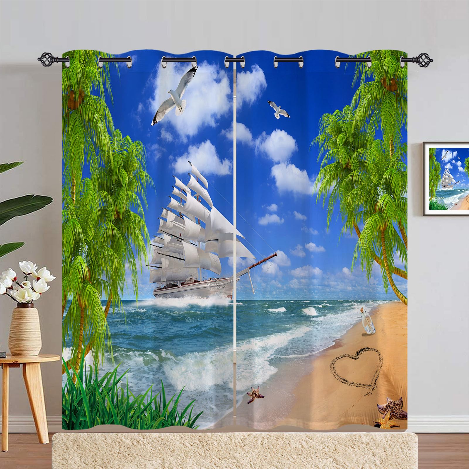 ANHOPE Beach Curtains Eyelet Ring Top Soft Thermal Insulated Blackout Curtains Ocean Sea Sailboat Palm Tree Print Pattern Decorative Window Drapes for Bedroom Living Room 46 x 84 Drop Inch 2 Panels — image 1