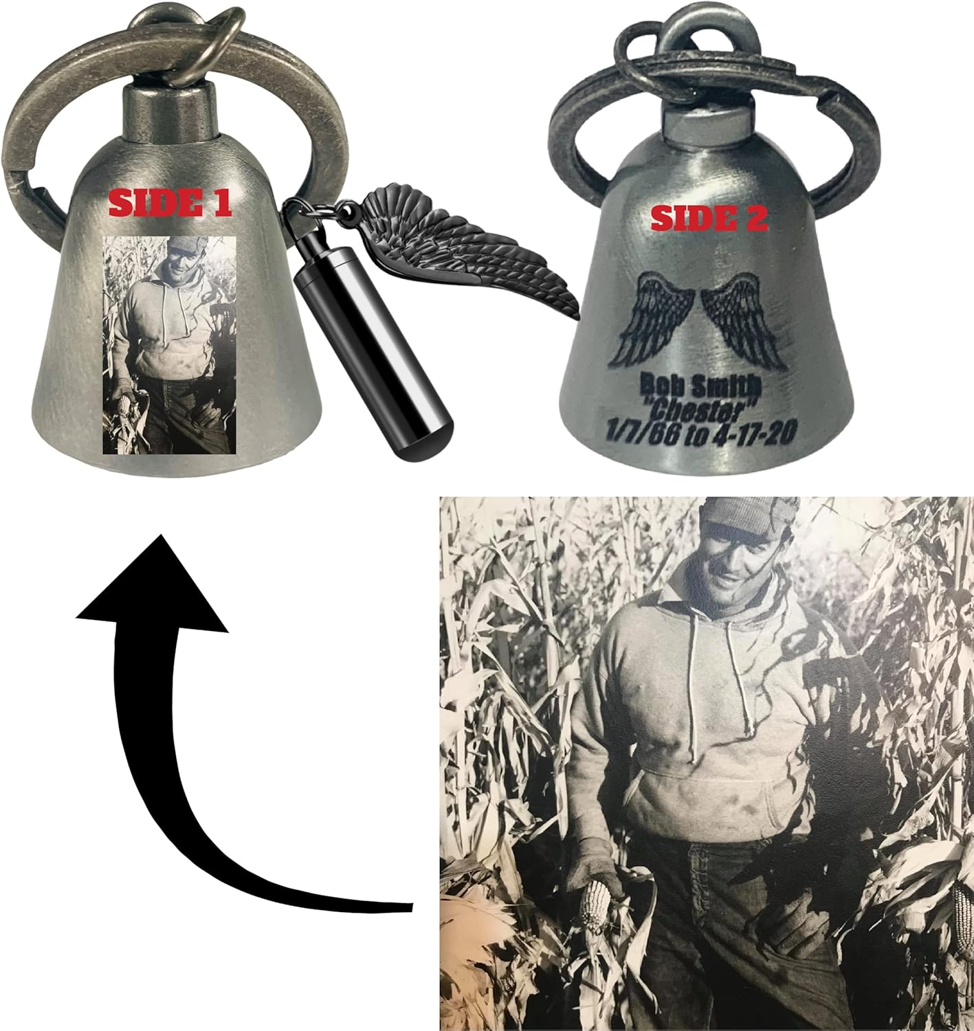 Custom Angel Wings with Photo Memorial Motorcycle 'Evil Spirits' Biker Guard Silver Bell with Keepsake Urn. Our custom bells are universal fit. Custom Made in the USA! (Custom Bell With Keepsake Urn)