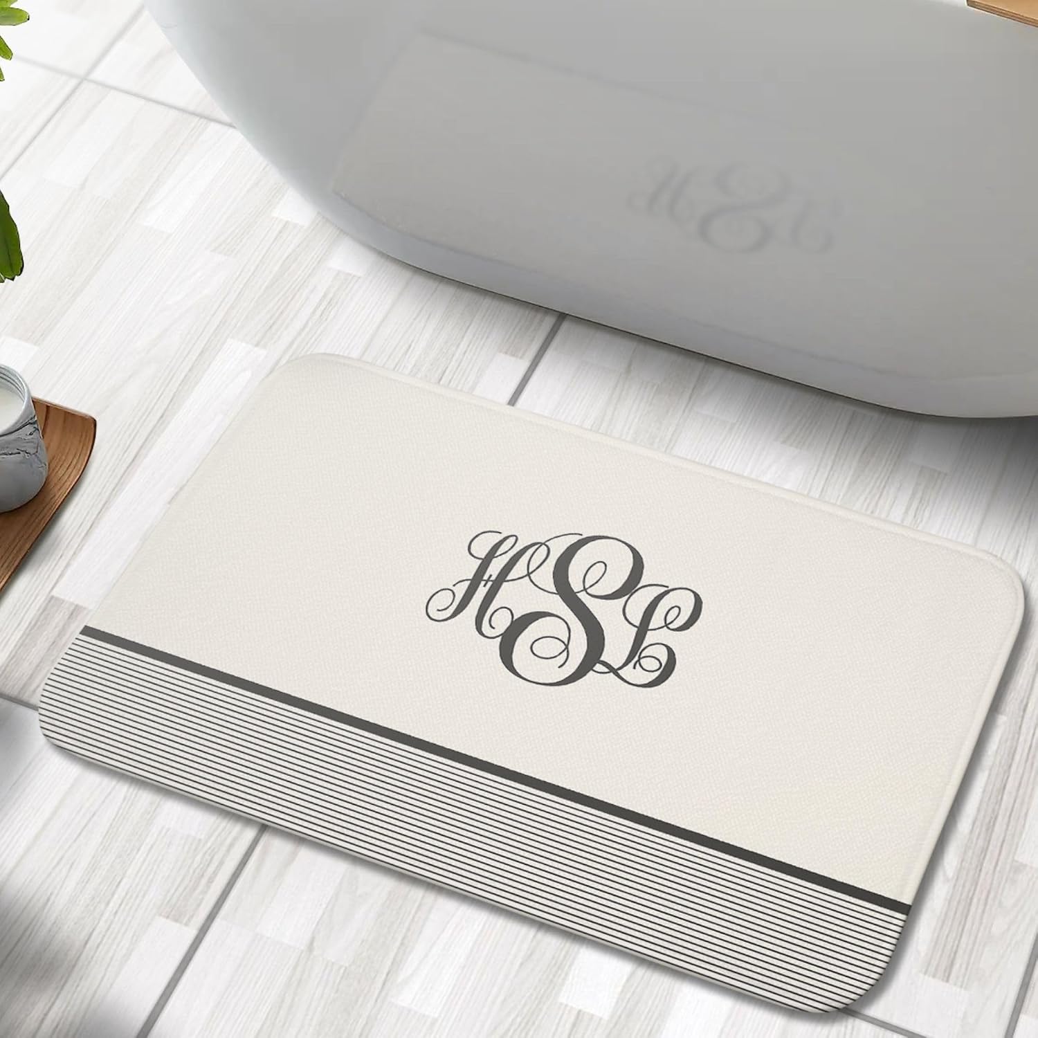 Monogrammed Farmhouse Stripes Bath Mat, Custom Country Monogram Bath Mat, Personalized Fast Drying Shower Rug, Aesthetic Non-Slip Memory Foam Bathroom Floor Mat, Housewarming Gift Idea