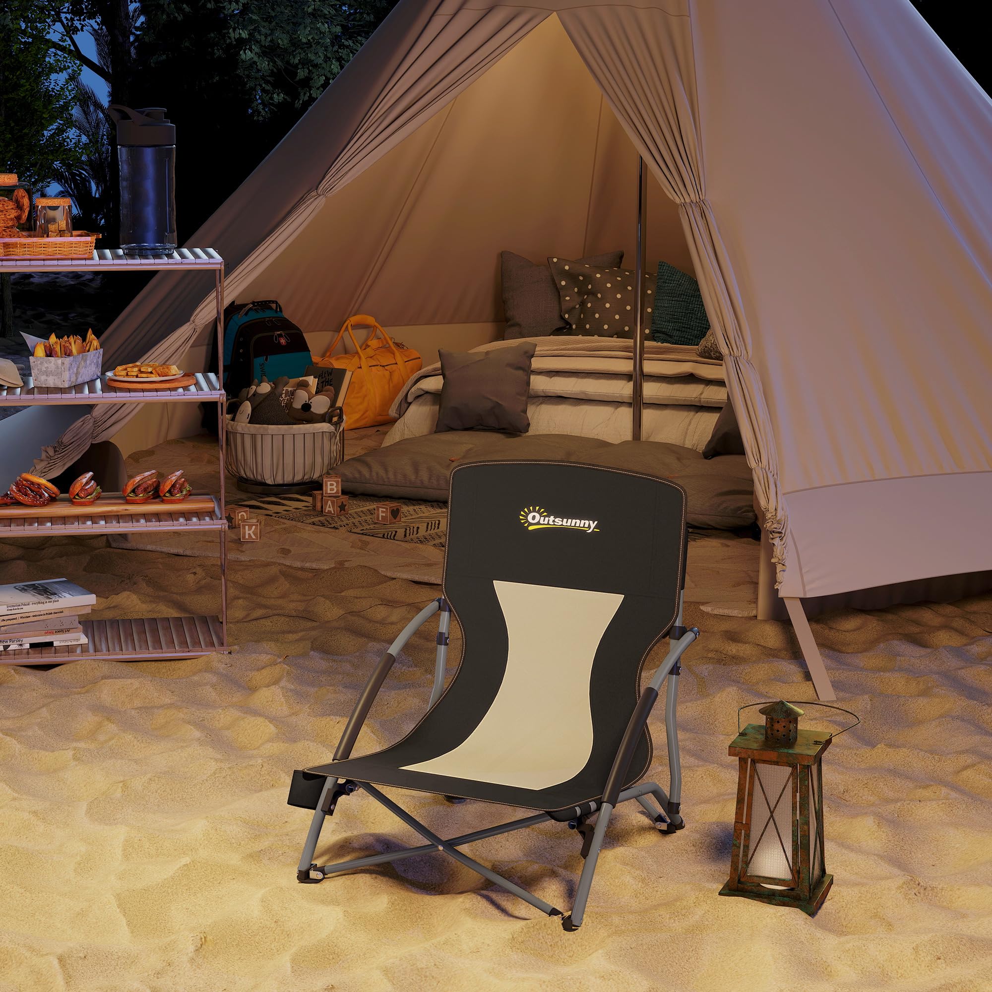 Outsunny Sedia da Spiaggia Pieghevole con Schienale a Rete, Sedia da Campeggio con Braccioli, Portabicchieri e Borsa di Trasporto, per Giardino Patio Esterno, Nero