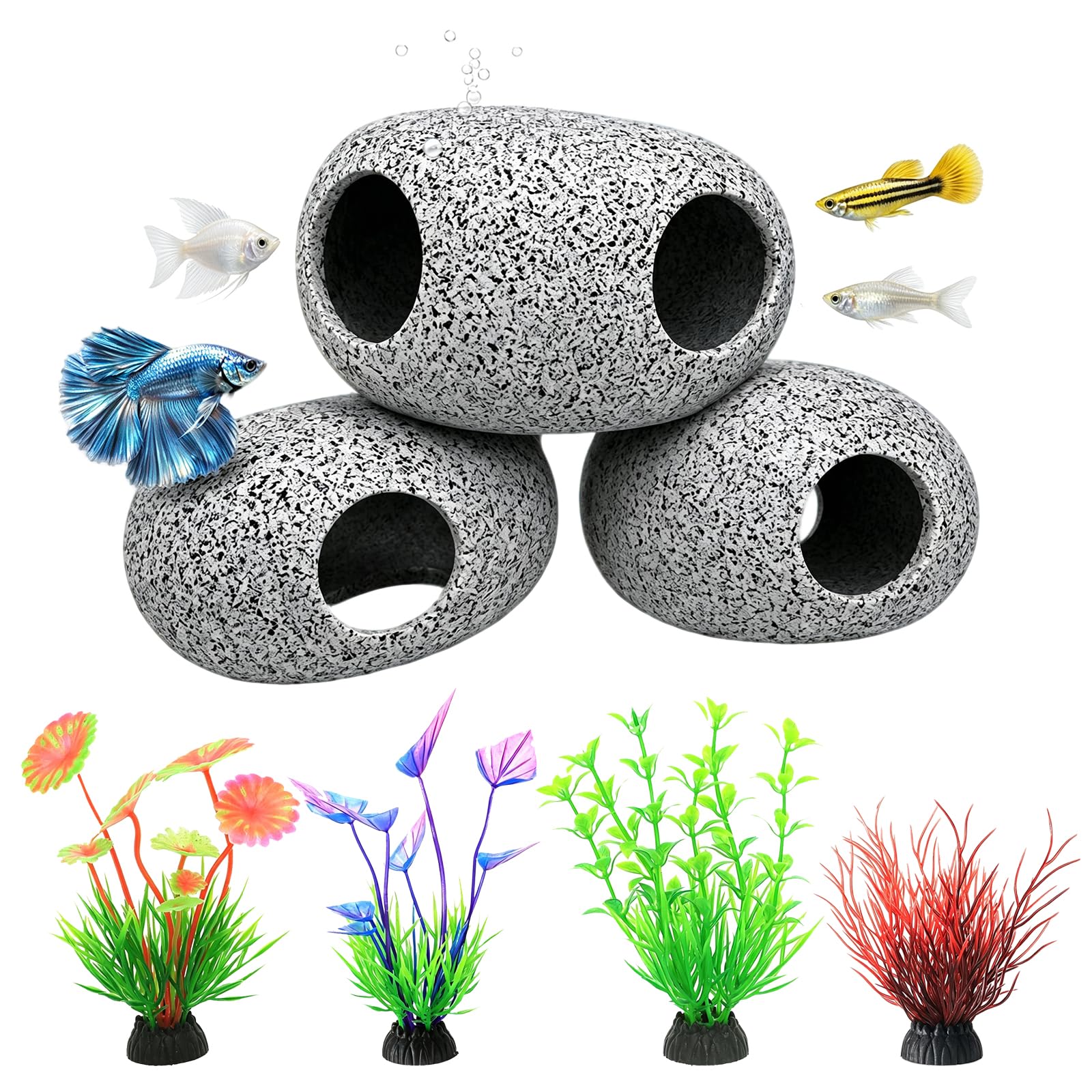 Dengthrive Aquarium Cave Rocks with 4 Aquatic Plants Fish Tank Decorations