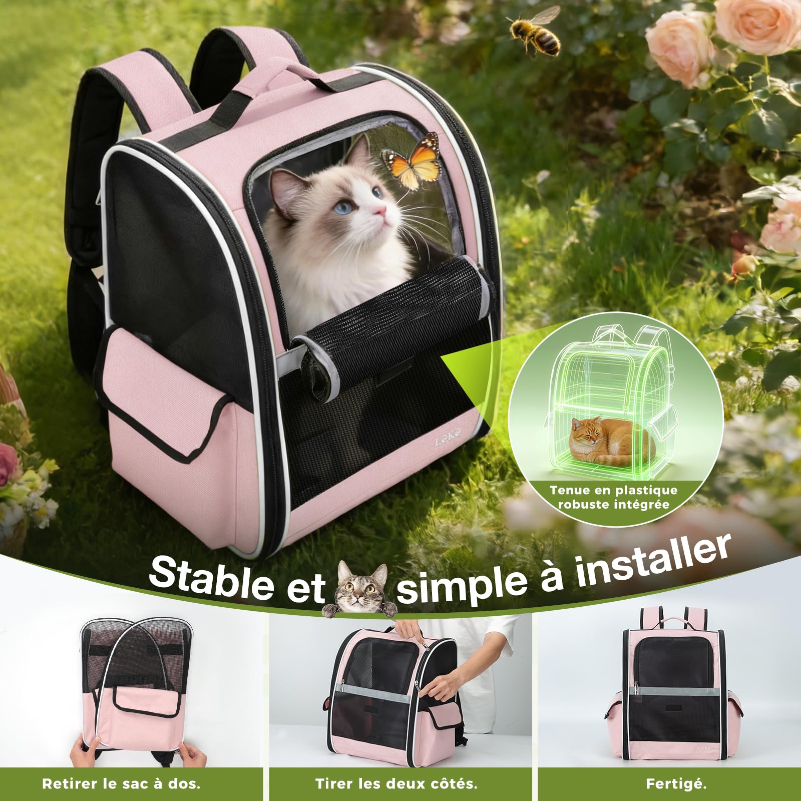 Lekesky Sac à Dos pour Chiens et Chats de Taille Moyenne/Petite (2 à 5 kg), Sac à Dos Chat Respirant Pliable, Sacs Transport Dos Chats avec Fenêtre en Maille pour Randonnée Voyages l'extérieur, Rose