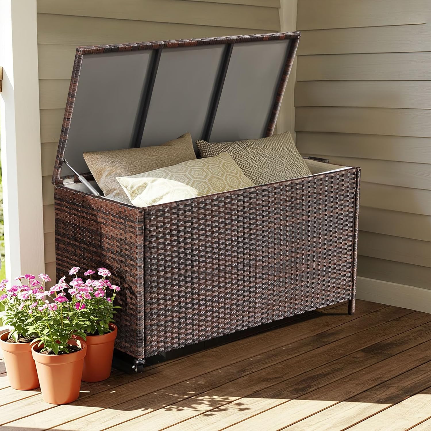 AVAWING 70 Gallon Wicker Deck Box, Outdoor Storage Container with 2 Universal Wheels & Hinged Lid, Patio Rattan Furniture for Garden Tools, Pillows, Pool, Brown