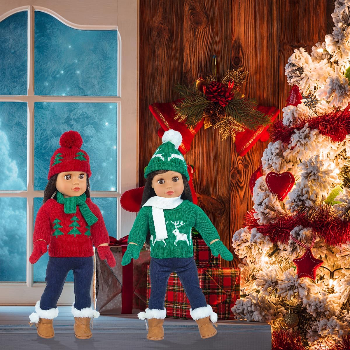 Ecore Fun 2 Sets American 18 Inch Doll Clothes Winter Christmas Outfit and Accessories Including Sweaters Trousers Hats and Scarfs