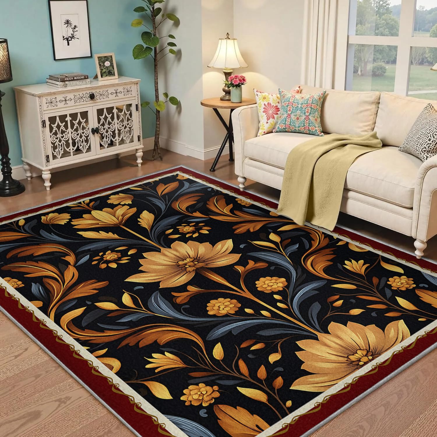 Dywaniki w stylu vintage, kwiatowe, 120 x 160 cm, miękki, maksymalizm, boho, kwiaty, rośliny, rustykalne, można prać w pralce, dywan z niskim runem do pokoju zabaw jadalni