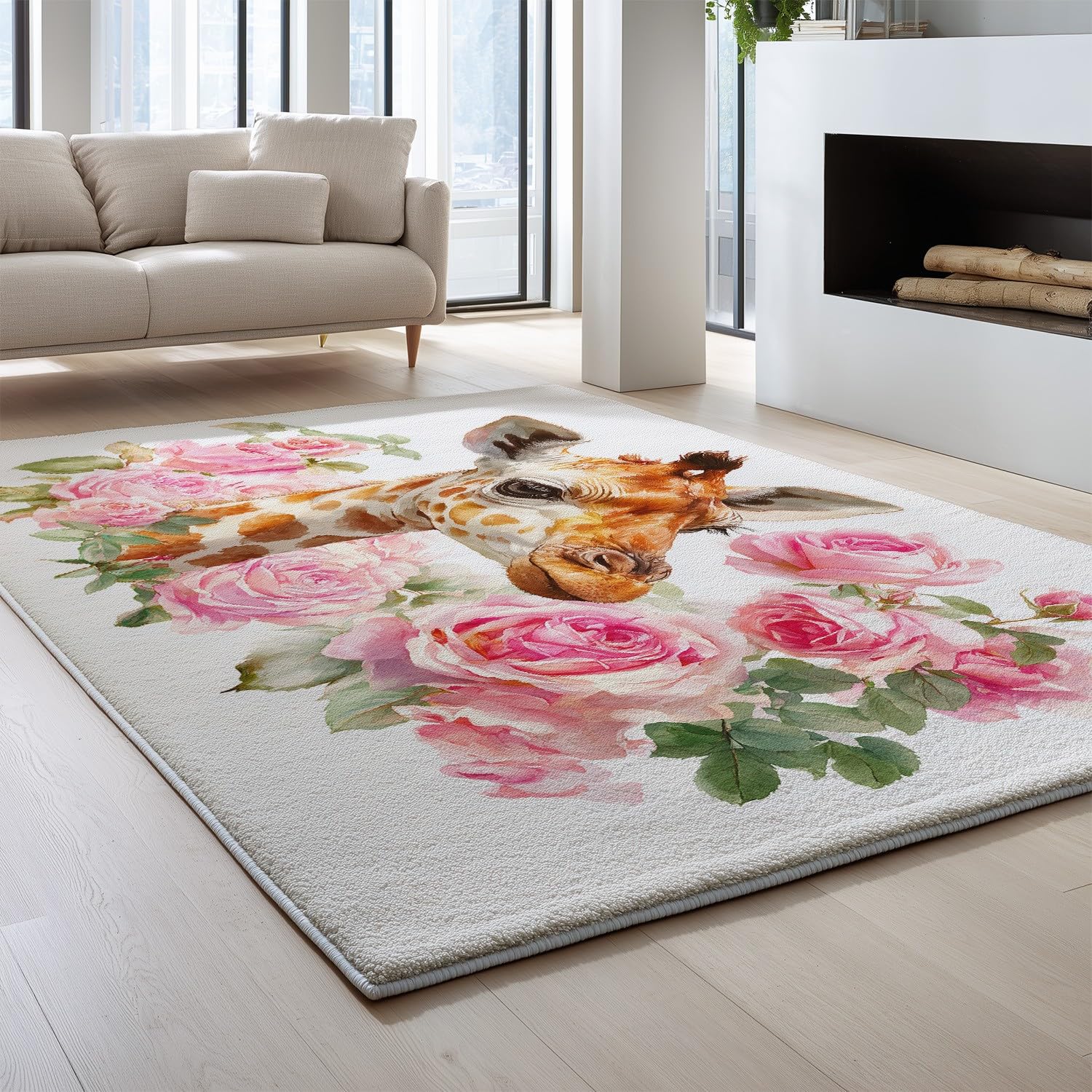 Générique Trwały Dywan Słodkie Zwierzęta Miękki Dywan Portret Kwiatowy Nie Traci Włosu Różowa Żyrafa Dywan 60 x 90 cm Przedpokój Wejście