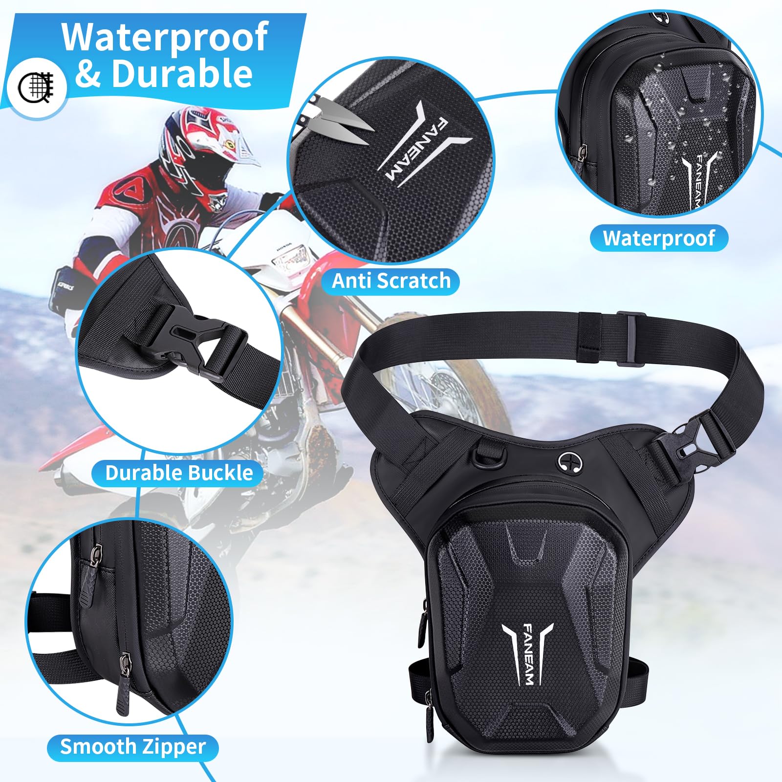 Sacoche de Jambe Moto Homme Sac de Jambe Tactique Imperméable Sacoche de Cuisse Multifontion pour Moto Cyclisme Randonnée avec Sangle Réglable et Amovible (Noir)