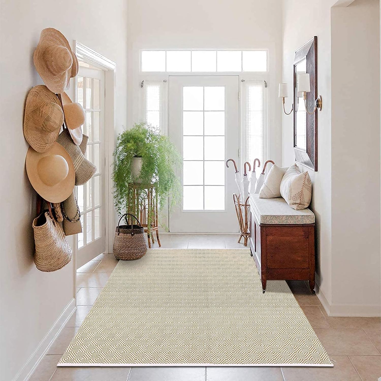 HEBE Extra Long Cotton Area Rug Runner 2'x6' Reversible Hand Woven Cotton Throw Rug Floor Mat Carpet Runner for Kitchen Bedroom Entryway Laundry Room, Beige