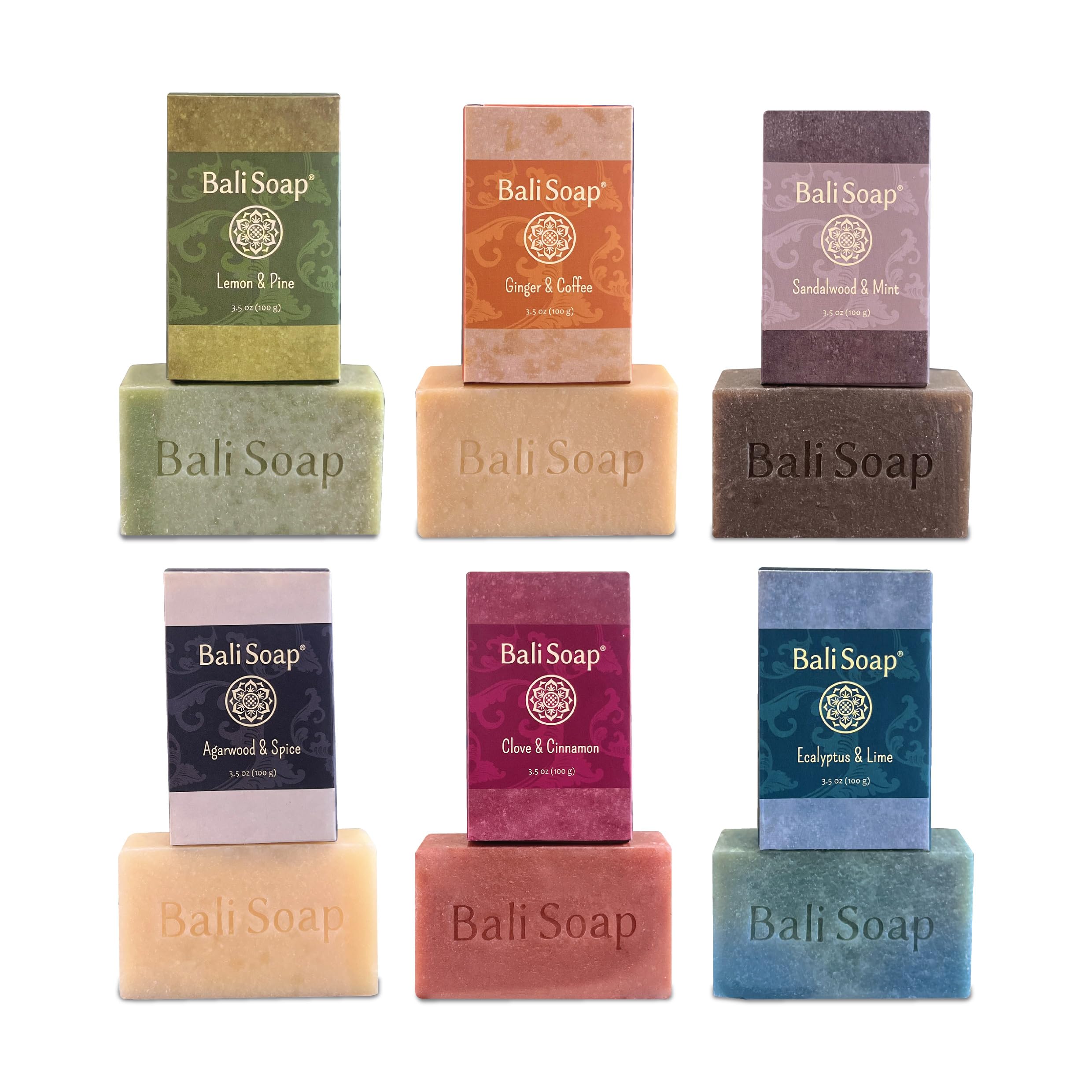 Bali Soap - Masculine Collection Natural Soap Bar Gift Set, 6 pc Variety Pack, Lemon-Pine, Ginger-Coffee, Sandalwood-Mint, Agarwood-Spice, Clove-Cinnamon, Eucalyptus-Lime 3.5 Oz each