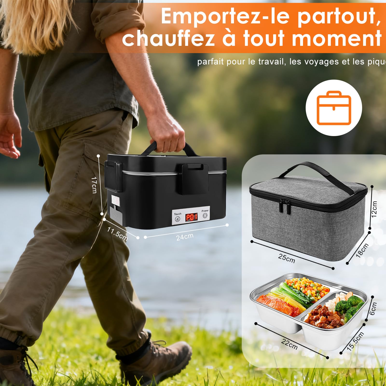Gamelle Chauffante électrique 100W - 220V/12V/24V, Acier Inoxydable, Pour Voiture Et Bureau, Noir