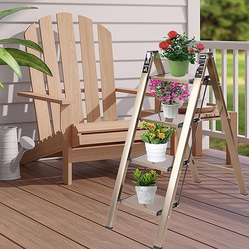 Miniatura 2 de Escalera de 3 escalones, de aleación de aluminio multiusos, ligera, portátil, plegable, con pedales anchos antideslizantes para el hogar, cocina,