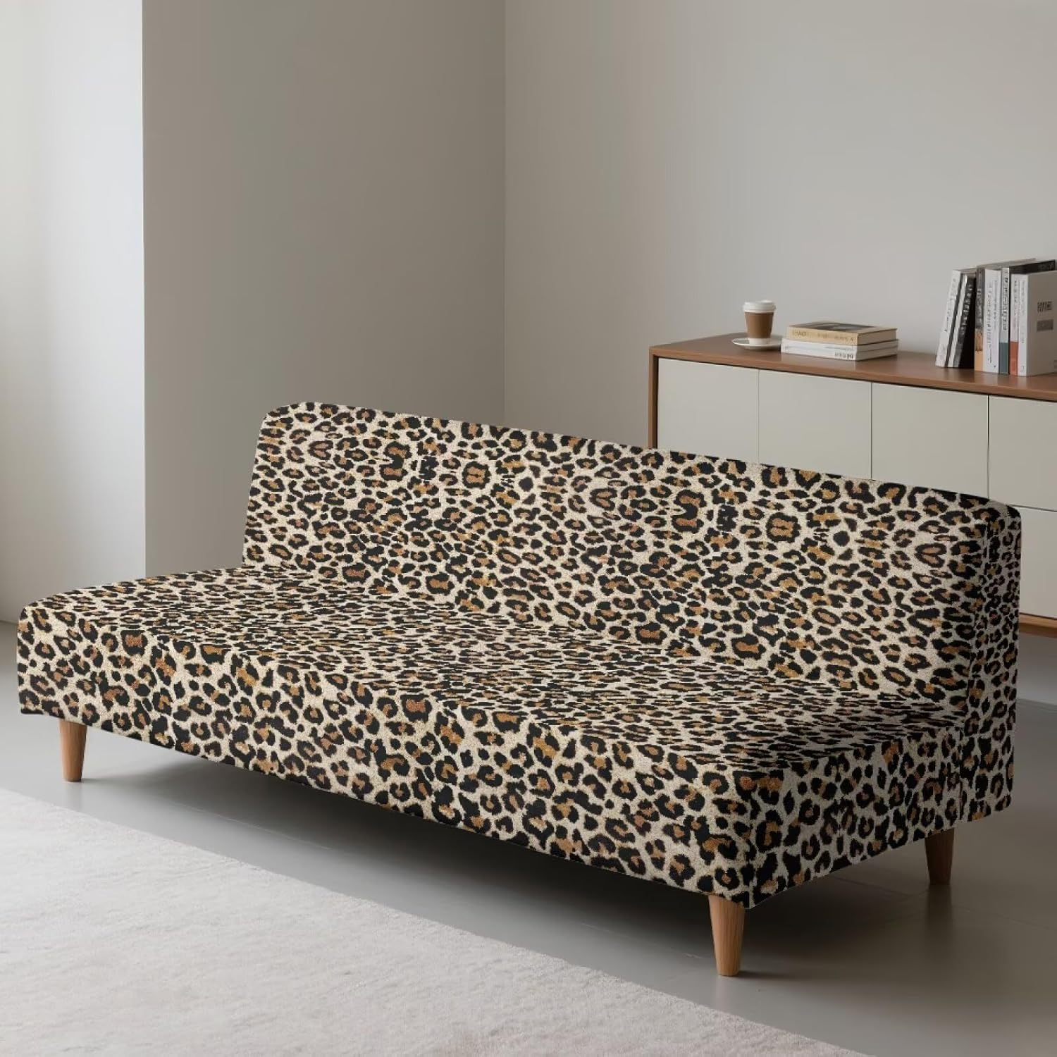 Leopard Print Easy-Going Stretch Futon Slipcover Armless Futon Bed Cover Furniture Protector Without Armrests with Elastic Bottom for Kids