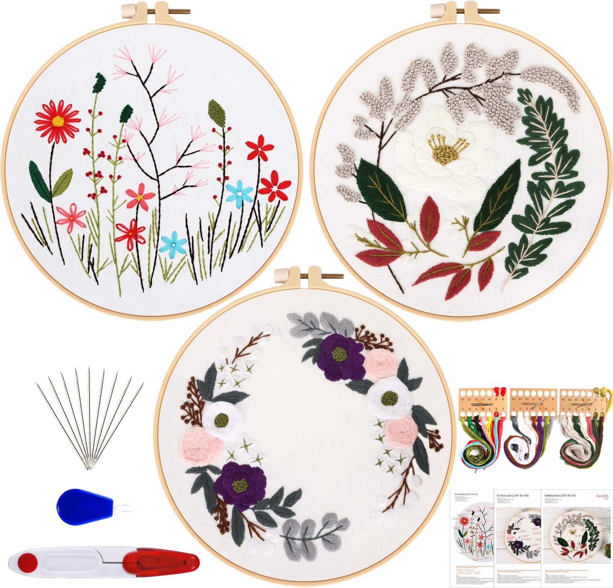 Embroidery Starter Kit, Embedo 3 Pack Cross Stitch Kit for Adult Beginners, Embroidery Cloth with Plants or Flowers Pattern, Embroidery Hoop, Color Threads, Scissor, Needles and Threader