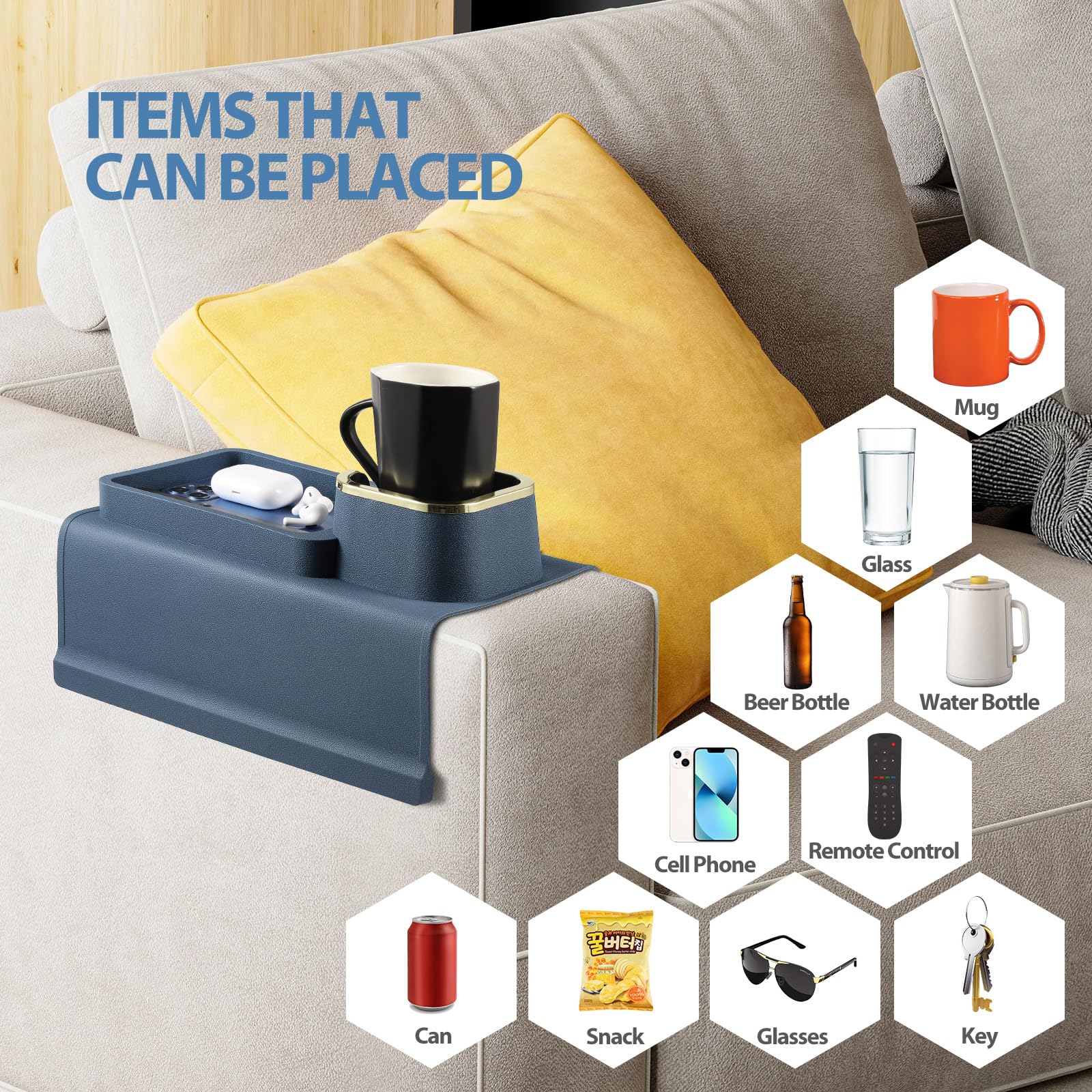 Vassoio Da Divano In Silicone Con Portabicchieri - Antiscivolo, Blu, Per Telefono E Bevande - Foto 8