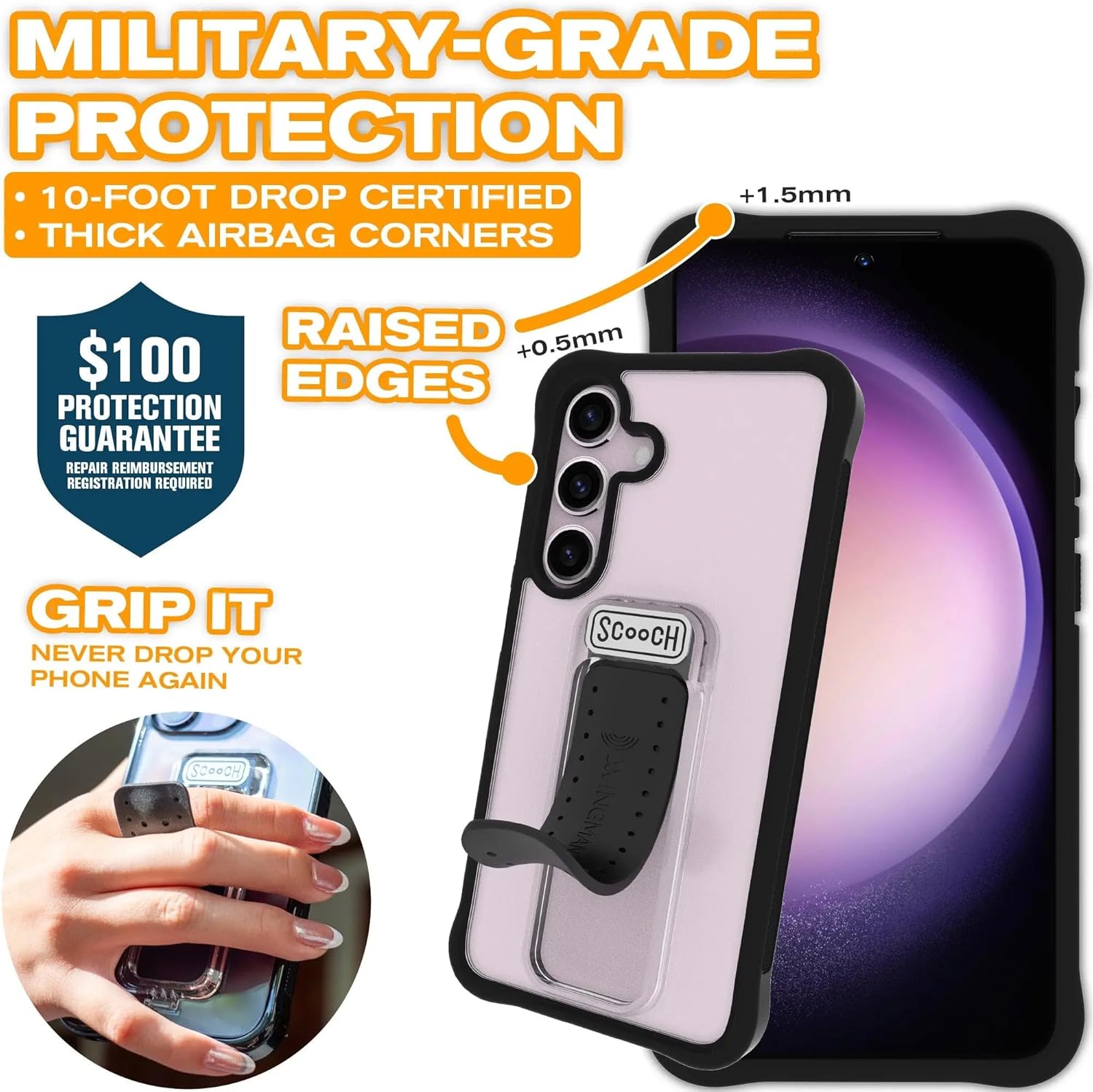 Scooch for Samsung Galaxy S25, 5-in-1 Wingman Kickstand Case, 10-Foot Military Grade Drop Protection, Pop-Out Kickstand, Phone Grip, Car Mount, Tuxedo Clear