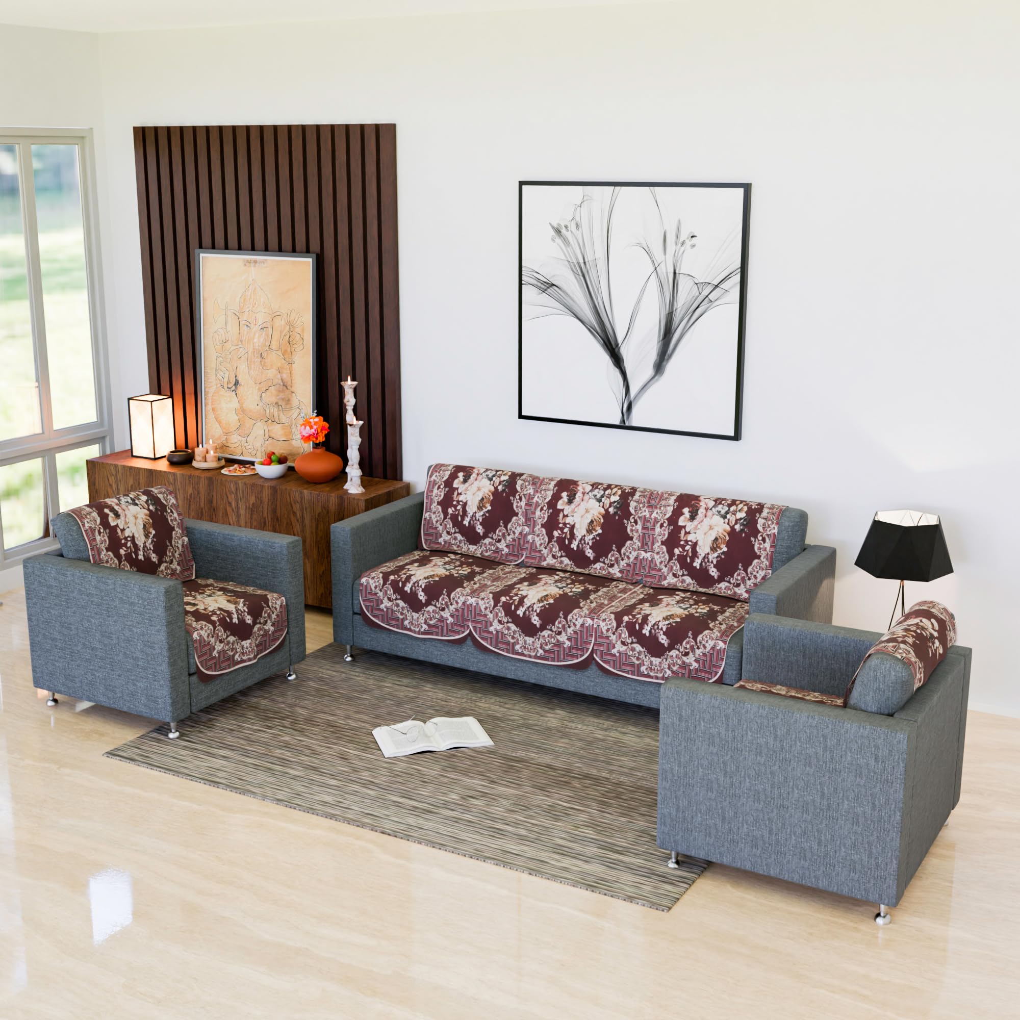 Kuber Industries Sofa Cover for Living Room| 10 Piece |Sofa Slipcover Set | 5-Seater Sofa Cover for Home |Check Border Digital Print | Maroon