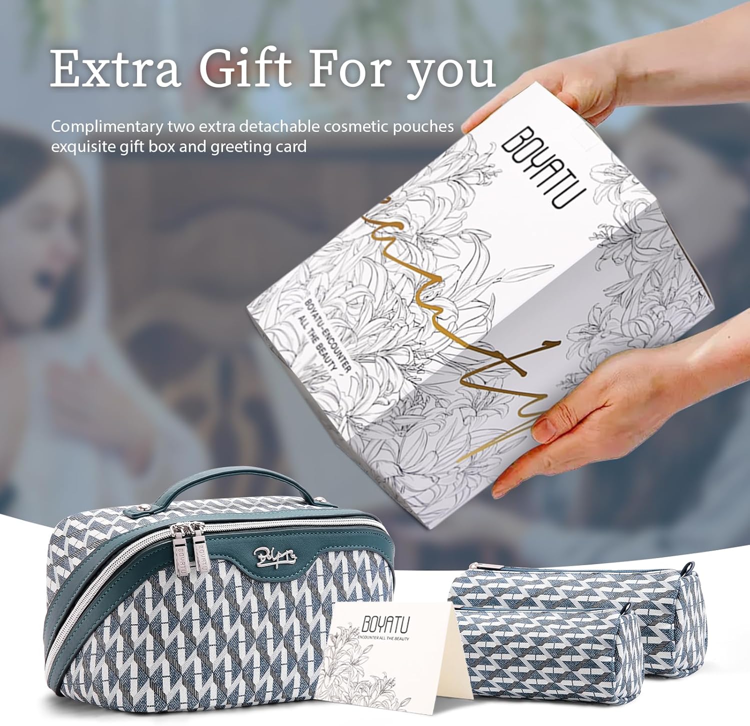 BOYATU Travel Makeup Bags for Women: Large Capacity Cosmetic Bag Set of 3 - Vegan Leather Make up Bags with Compartments - Wide Open Waterproof Toiletry Organizer Bag with Handle (P-01-Royal blue) - Image 5