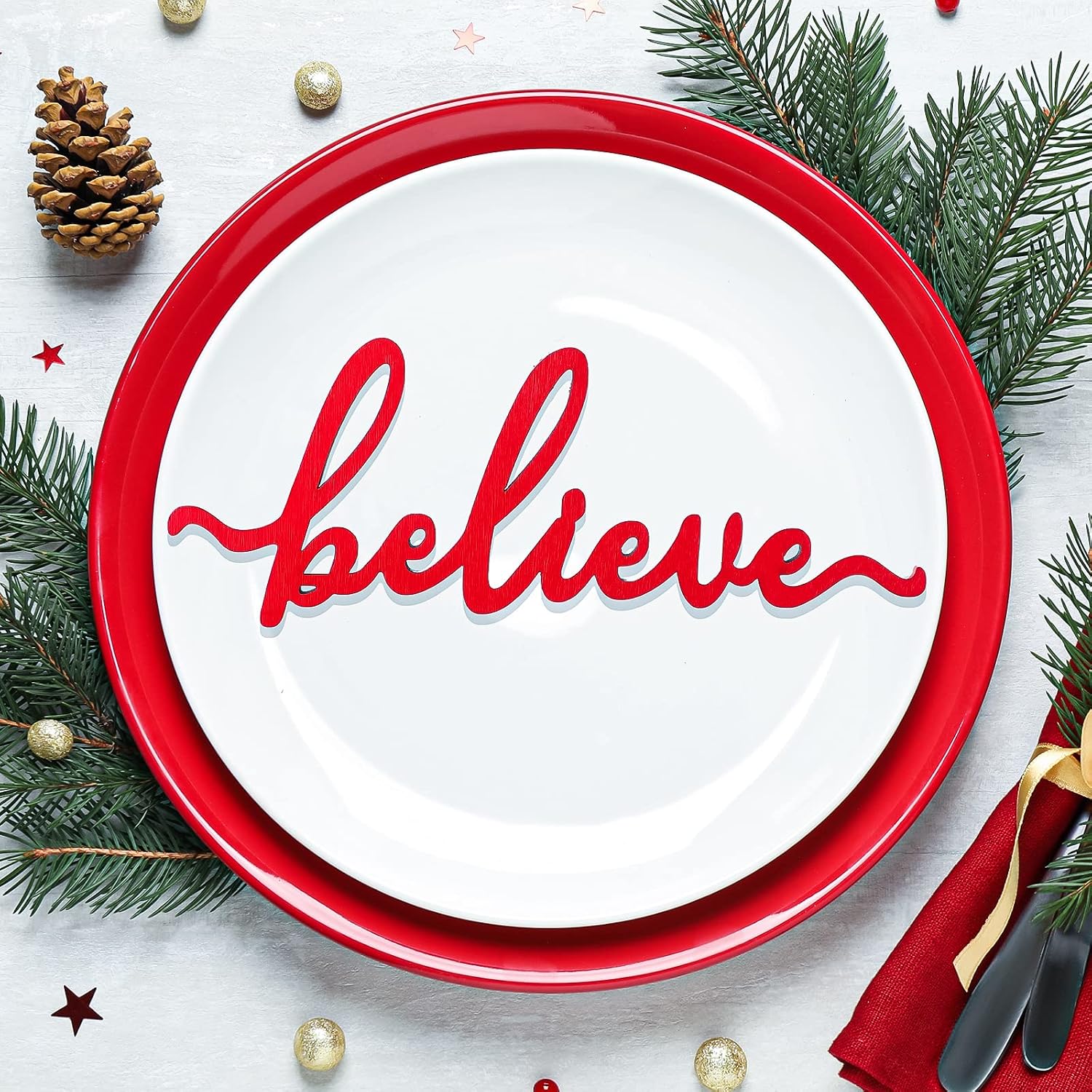 Queekay 8 Pieces Christmas Wood Plate Letter Sign Table Holders Word Cutouts Plates Kitchen Decor Wooden Word Signs for Christmas Plates Table Decorations(Red)