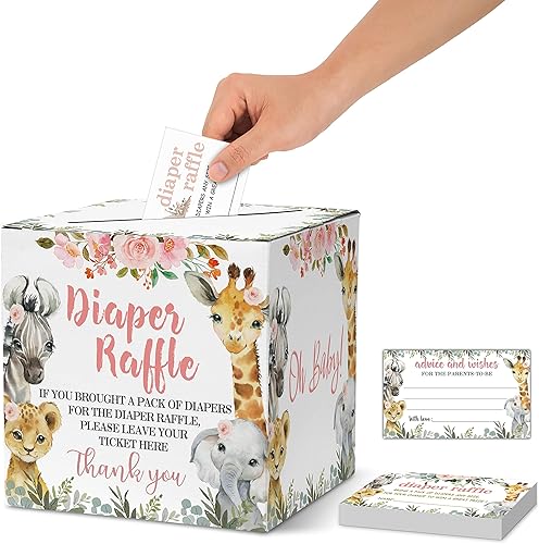 Miniatura 1 de Boletos para sorteo de pañales para baby shower, caja de tarjetas de baby shower con temática de animales de la selva y tarjetas de consejos,