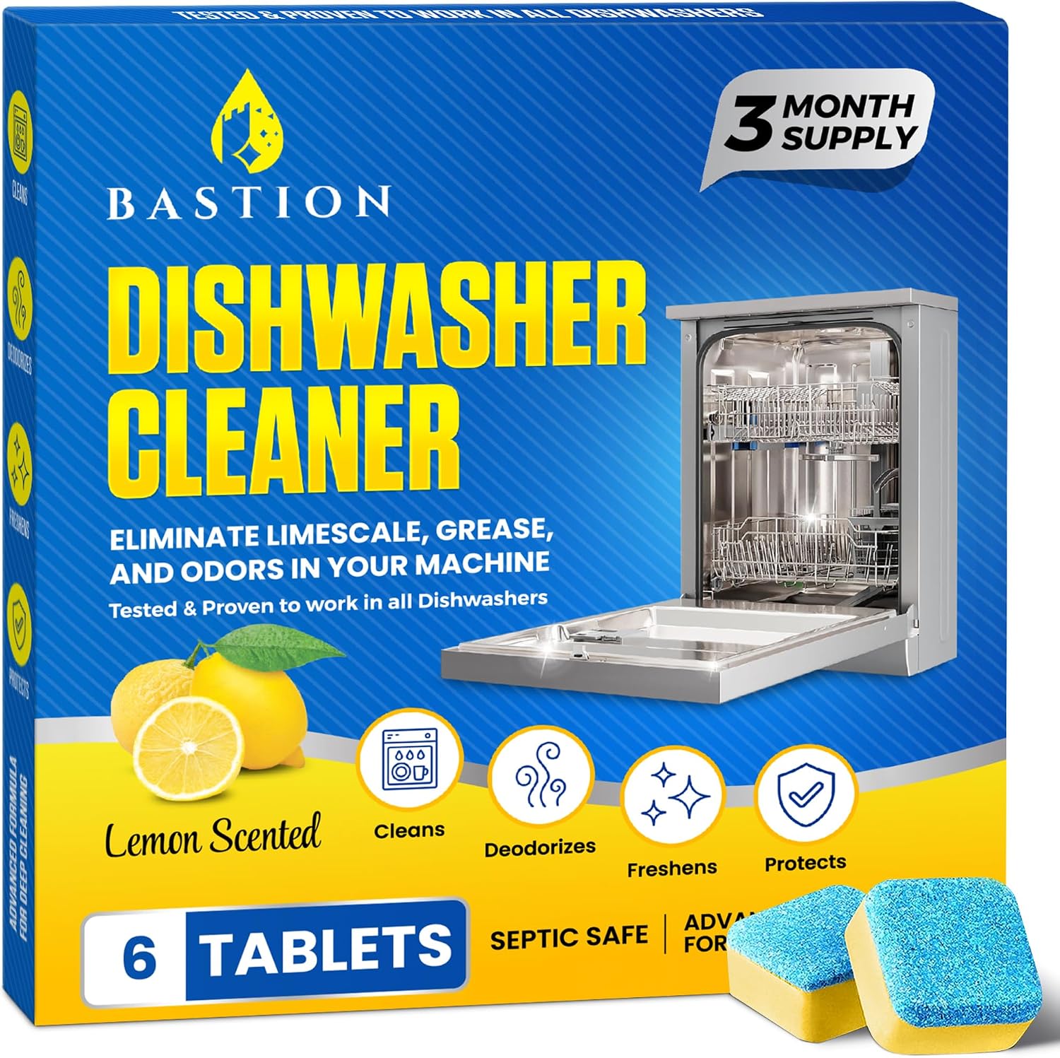 Bastion Limpiador de Tabletas para Lavavajillas, Aroma a Limón, 6 Pods, Suministro para 3 Meses