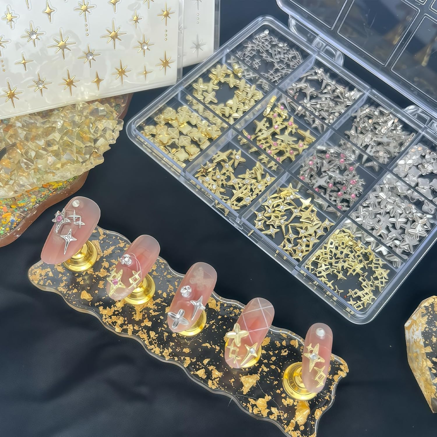 170 Pcs 3D Silver and Gold Y2K Nail Charms with Stars for Nail Art Decoration - Image 5