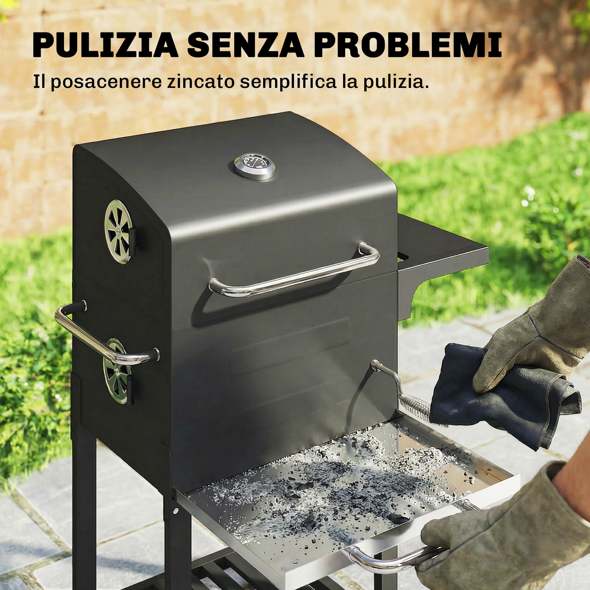 Outsunny Barbecue Carbonella Stretto z Rusztem, Regulowany Nawiew, Wózek BBQ z Pokrywą, Stal, Półka, Termometr, Popielnik, Czarny