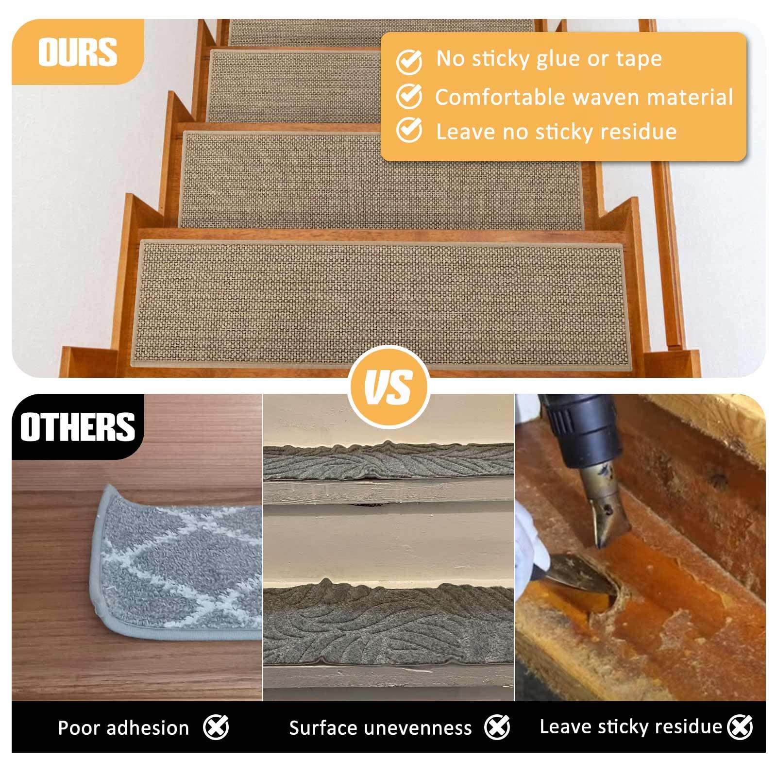 15-Pack Non-Slip Stair Treads 9x36 - Beige Carpet Stair Pads With Reusable Adhesive