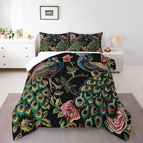 Erosebridal Juego de edredón de pavo real, tamaño Queen, juego de ropa de cama de flores vintage, decoración de plumas de pavo real, edredón bordado