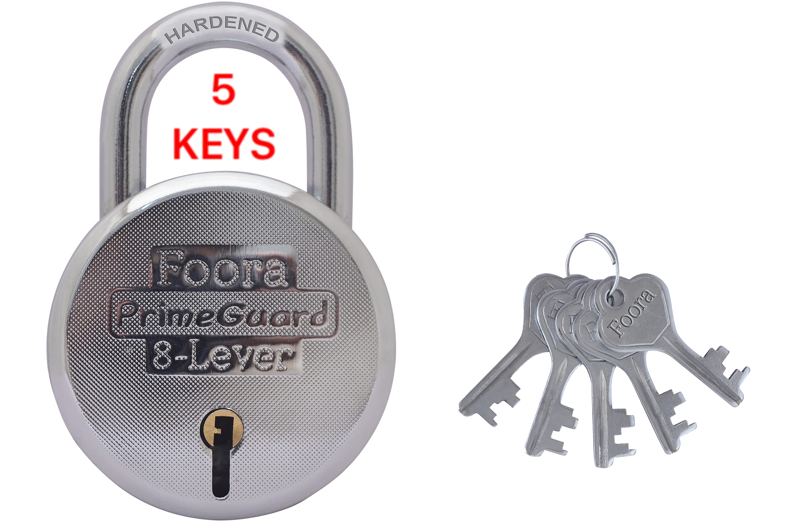 Round 65mm Steel Padlock with 5 Keys, Original Hardened Shackle, Double Locking Lock (Silver) Pack of 1