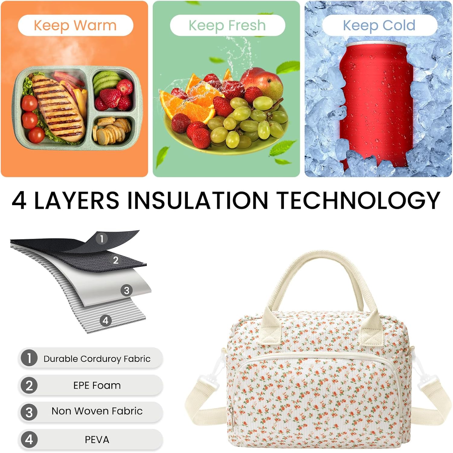 MAMONA Lunch Bag for Women Men Large Capacity Reusable Lunch Box Corduroy Insulated Cooler Tote Bags for Office Picnic - Image 4