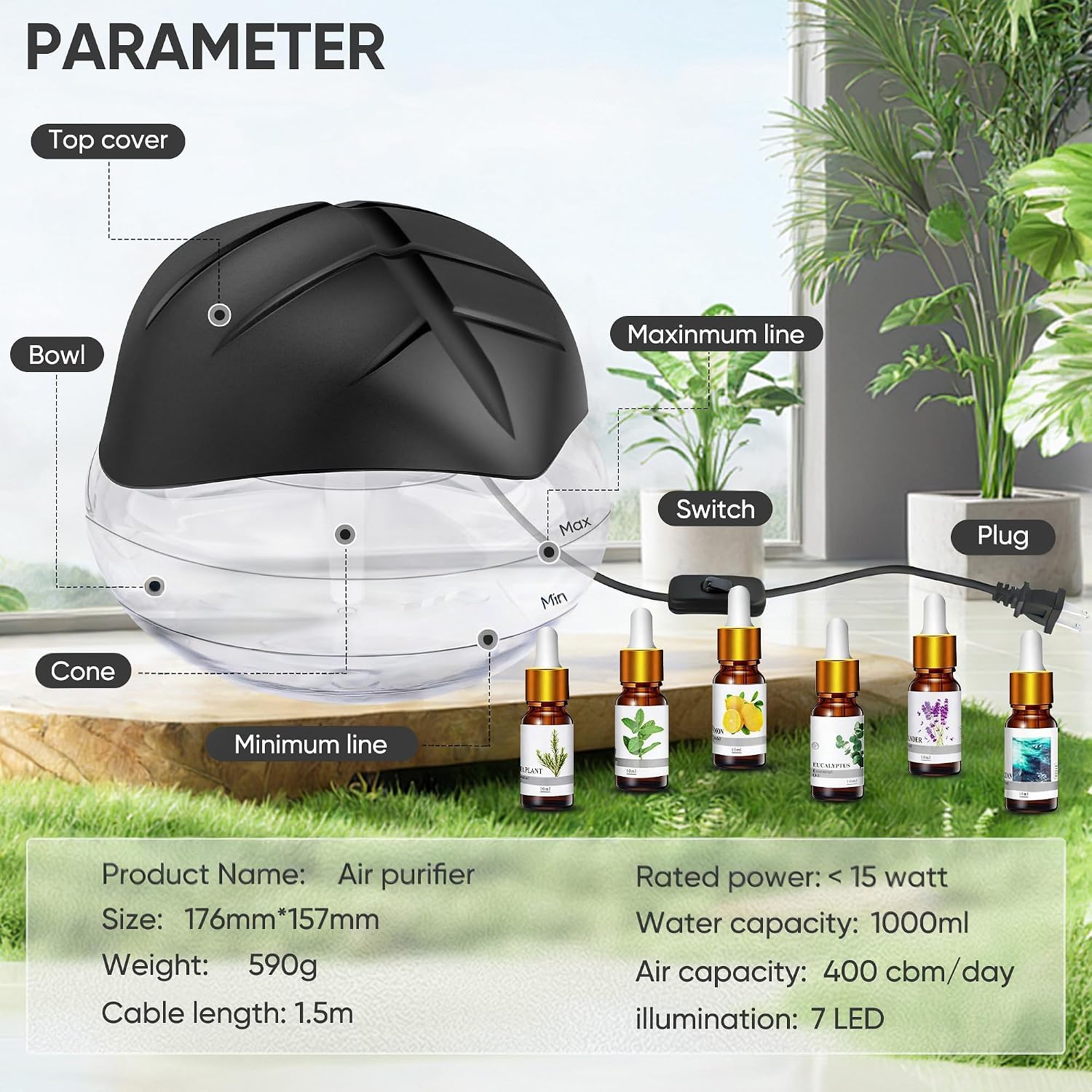 Water Based Air Purifier for Home with Essential Oil Diffuser and Humidifier Function, Rainbow Air Washer with LED Night Light, Freshener for Smoke and Pet Odors, Includes 6x10ml Essential Oils