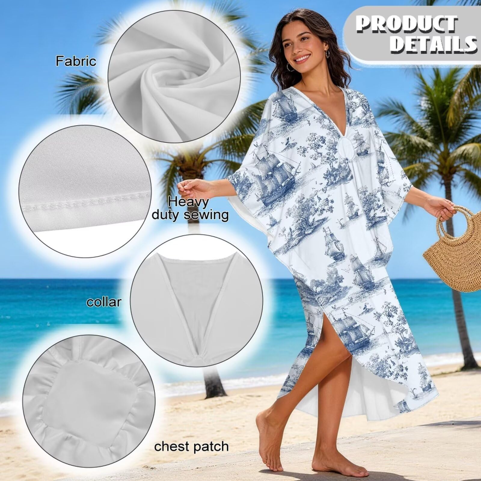 Xoenoiee Sukienki kaftan dla kobiet plus size dekolt w serek Moo Moos rękaw nietoperz kaftan sukienka plażowa strój kąpielowy okrycie