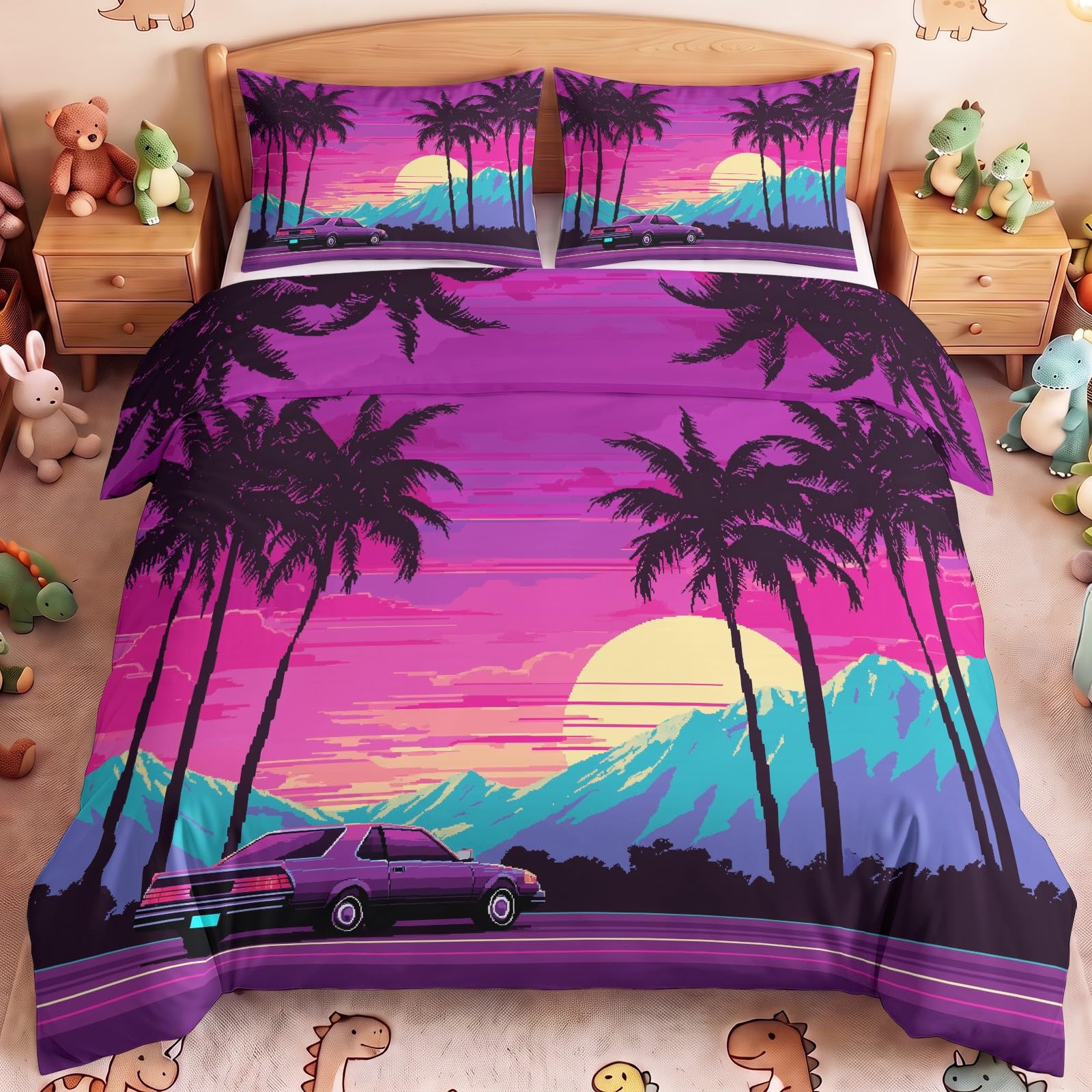 Neonowa różowa poszwa na kołdrę z miękkiej mikrofibry, retro Synthwave dla
