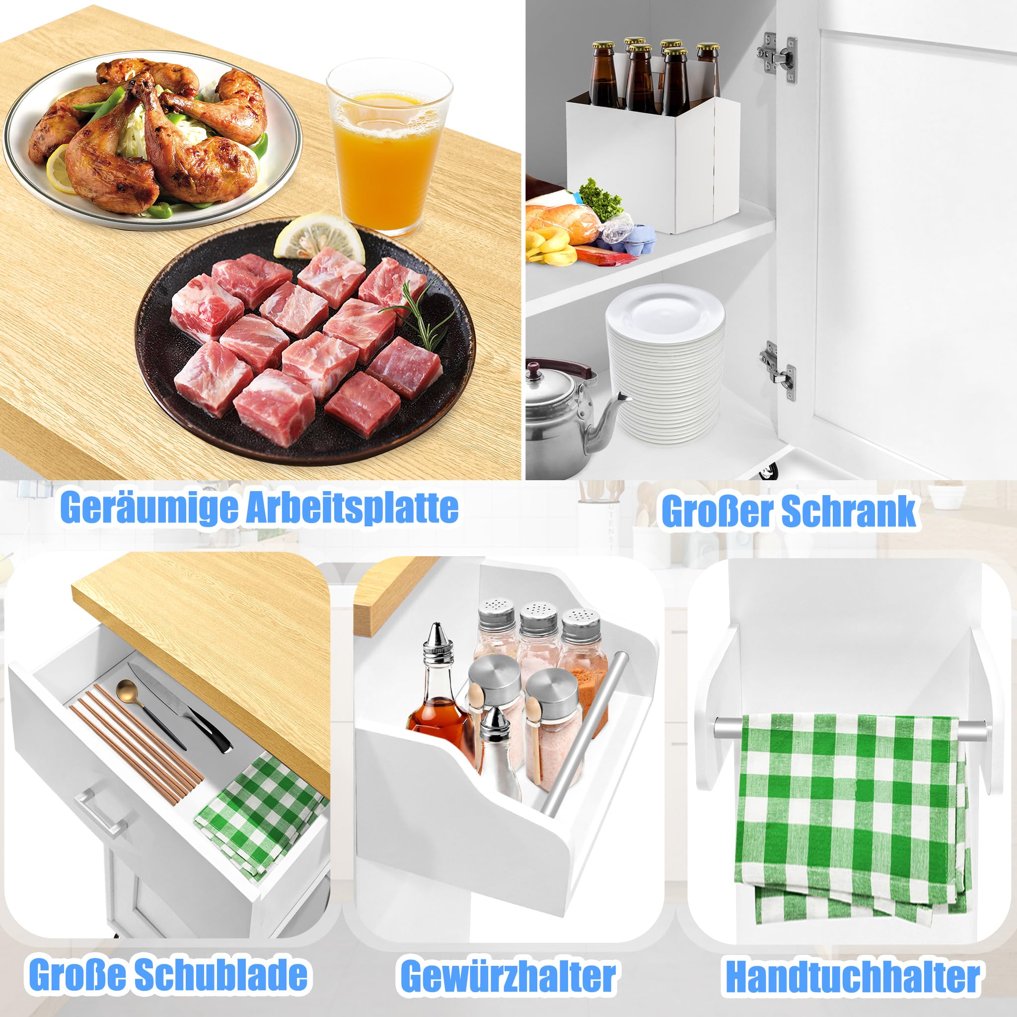 UISEBRT Carrello da cucina con piano di lavoro, isola da cucina in legno, mobile da cucina su ruote, carrello da portata con cassetto e ripiano, carrello da cucina in stile rustico, bianco