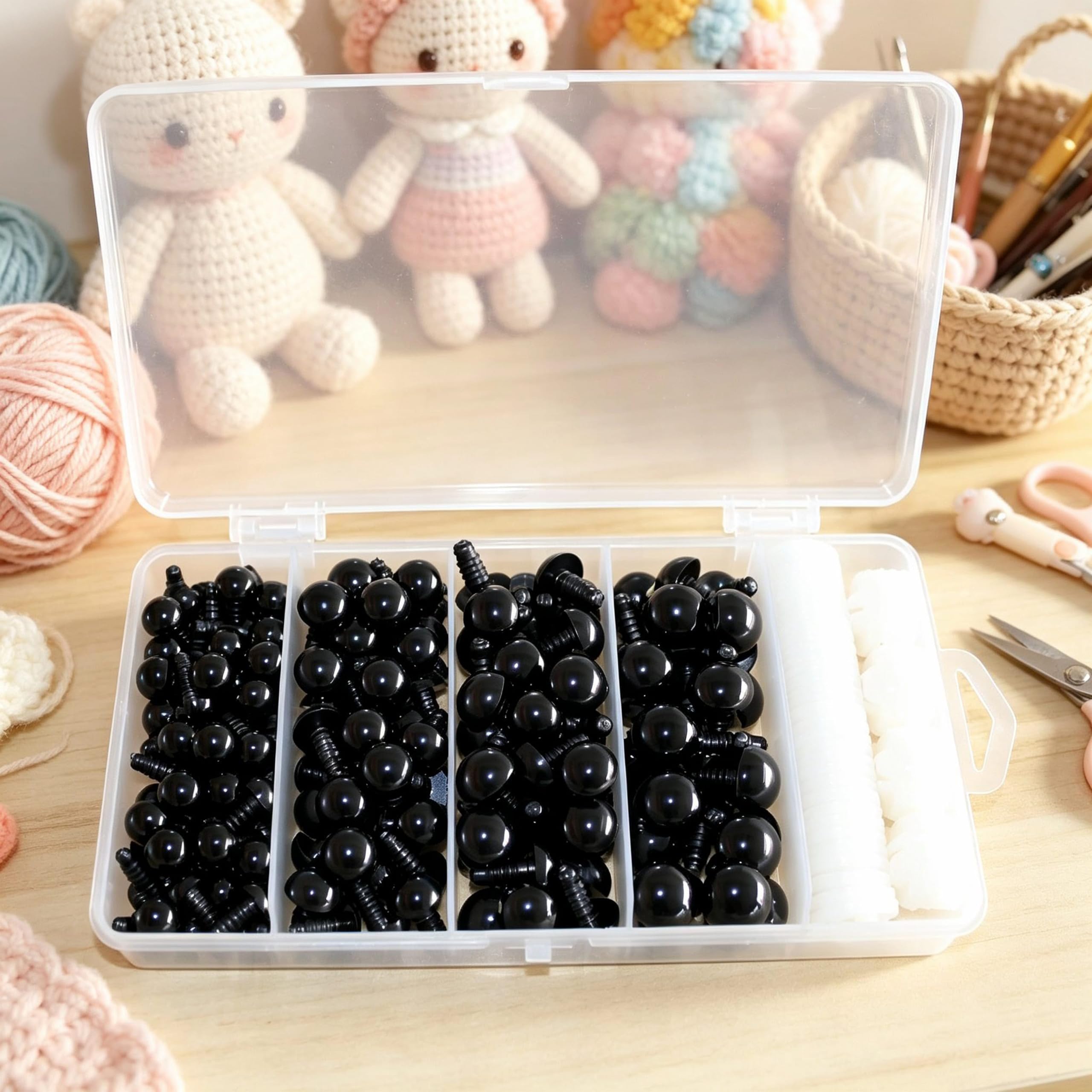 300 ojos de seguridad y arandelas seguras para ganchillo amigurumi, 4 tamaños, 10-15 mm, ojos de seguridad de plástico negro, ojos de ganchillo para amigurumi, manualidades, muñecas de